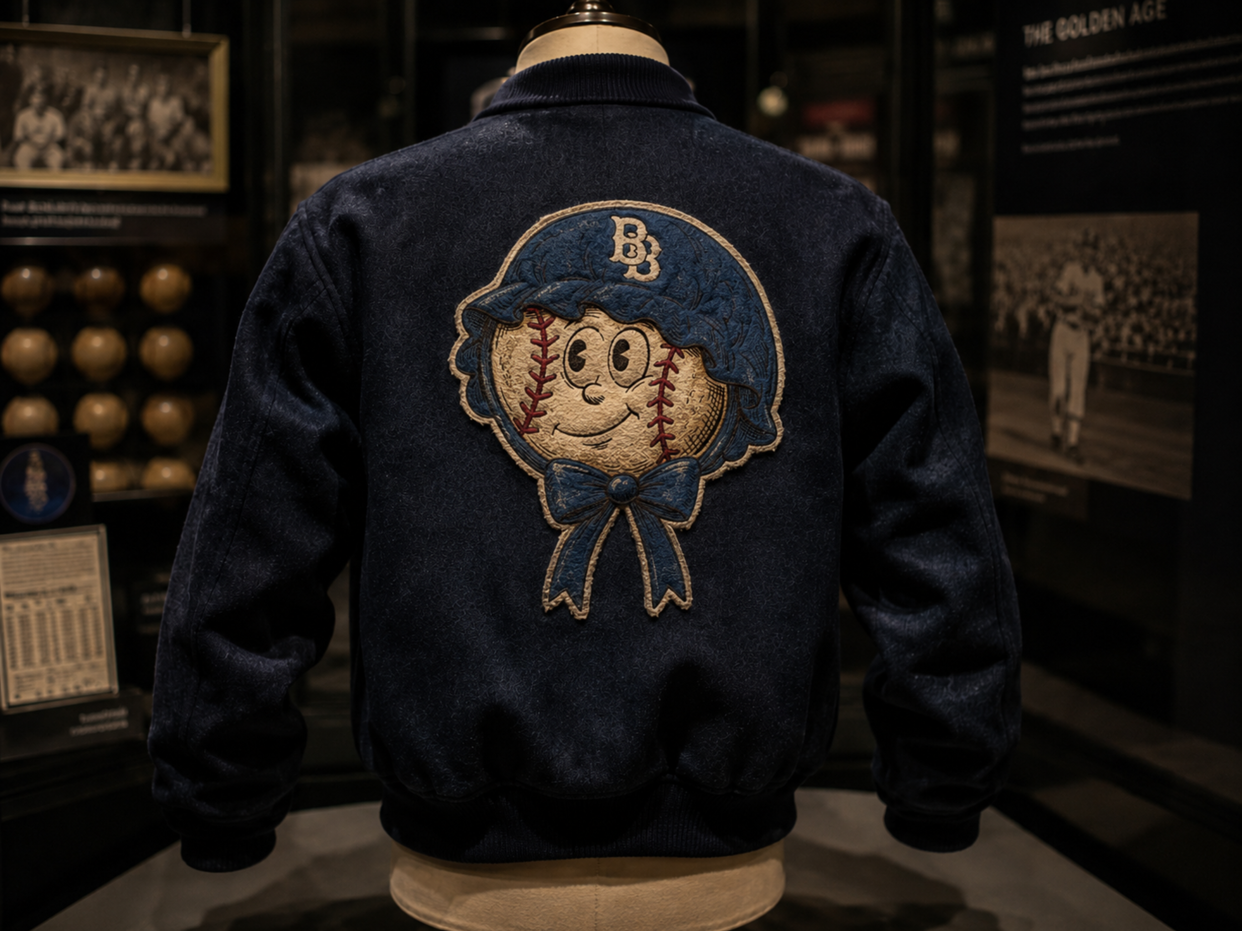 Back of a dark-blue Burnet Blue Bonnets dugout jacket with a large embroidered bonneted-baseball patch displayed in a museum exhibit.