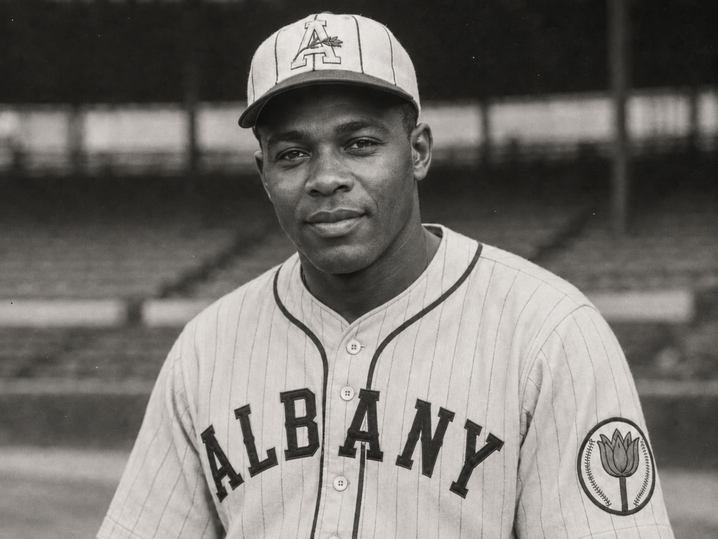 A member of the Albany Orange Wonders posing for a club portrait circa 1940s