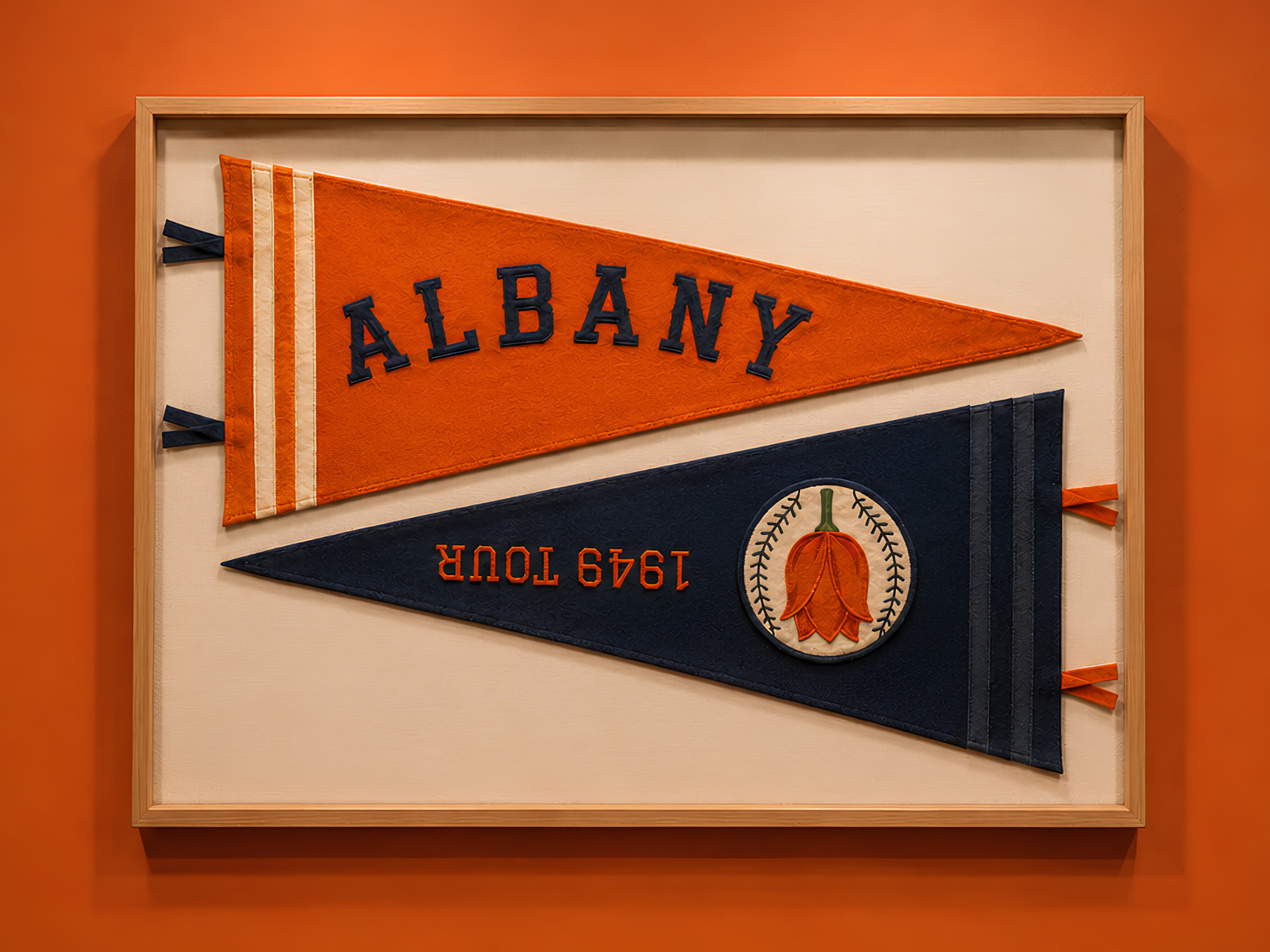 Two framed 1949 Orange Wonders felt pennants - an orange ALBANY pennant and a Dutch navy 1949 TOUR pennant bearing the tulip-over-baseball emblem - hang on an orange museum wall.