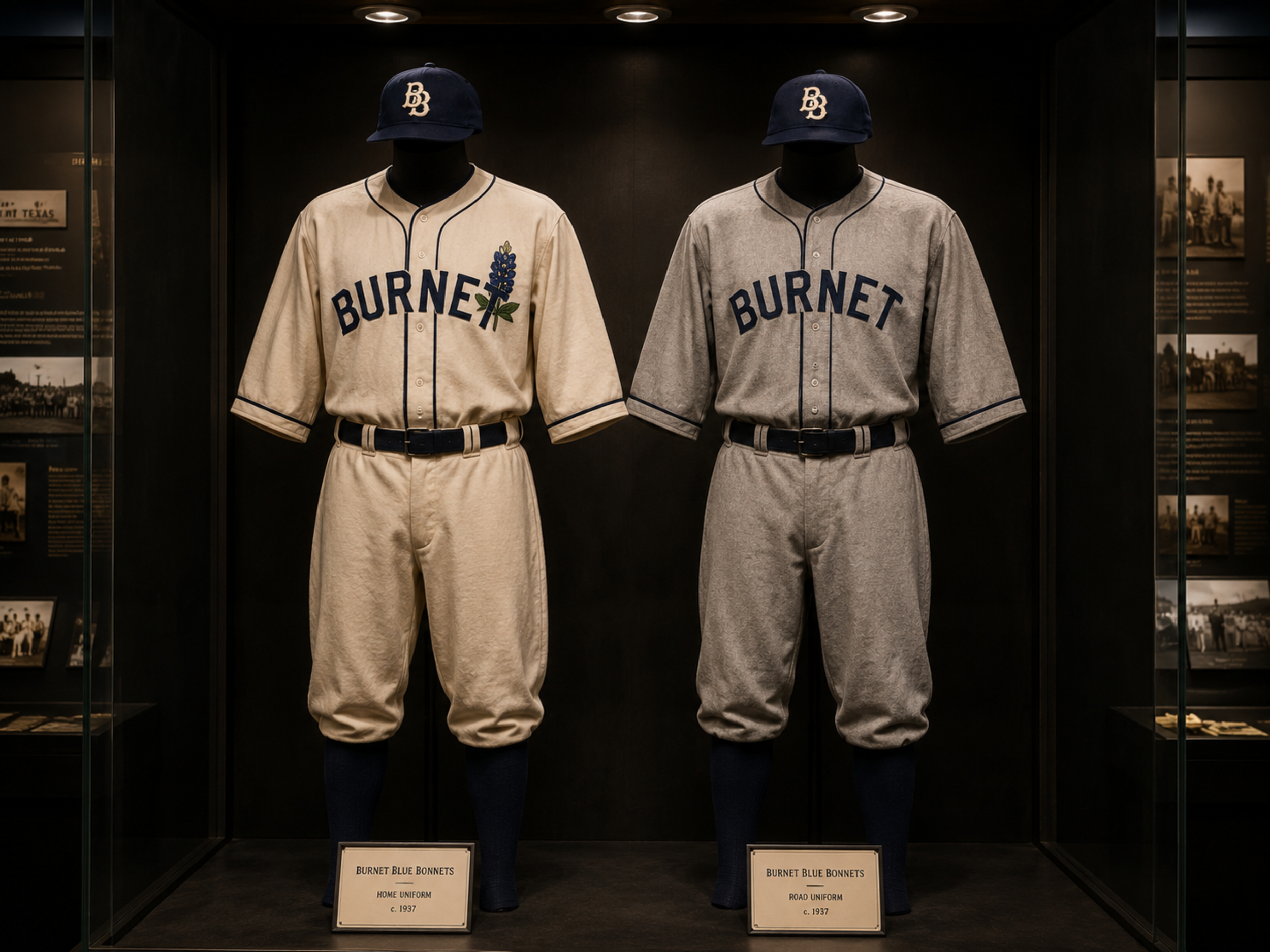 Burnet Blue Bonnets home and travel uniforms on display.