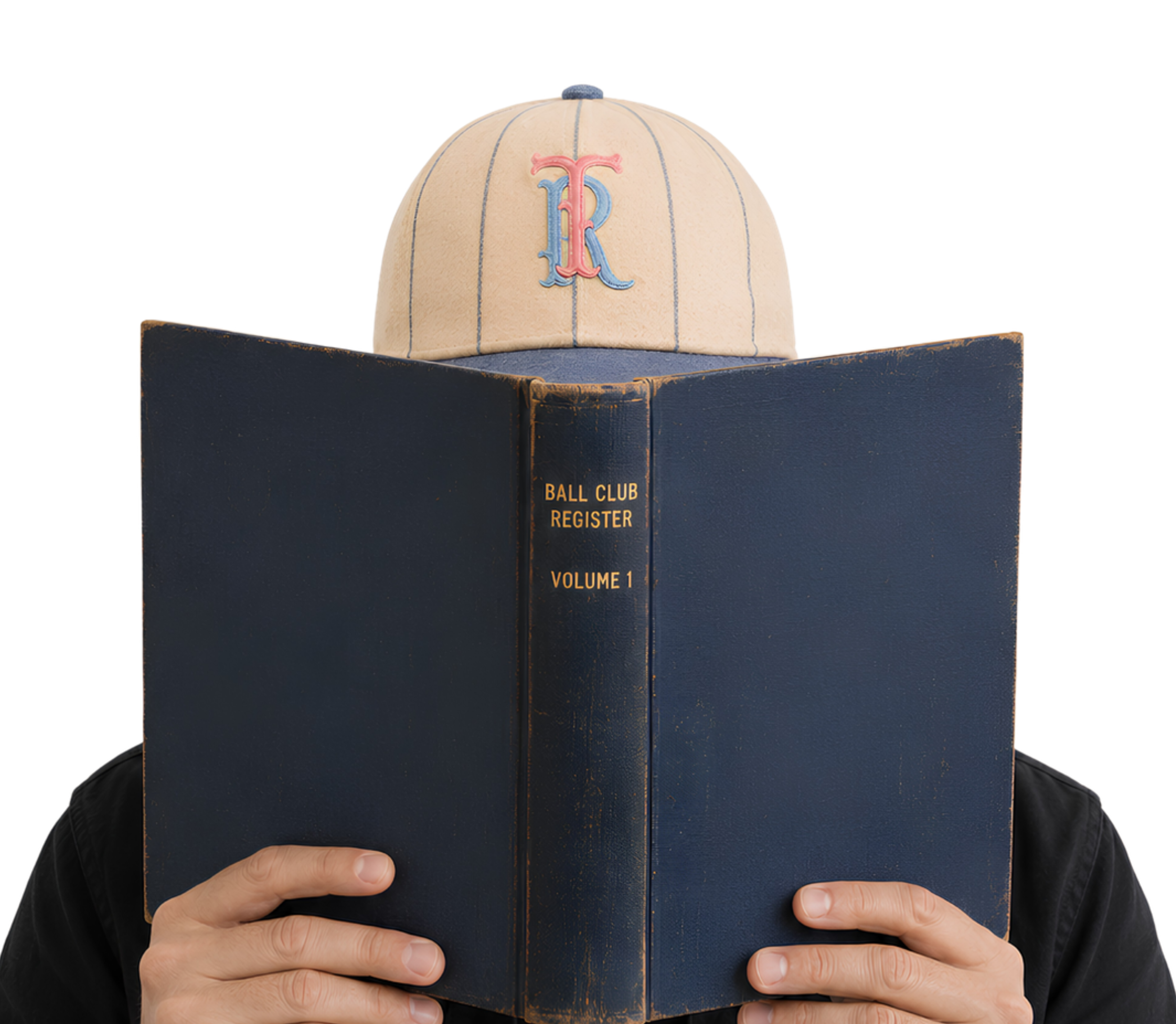 A person volume 1 of The Ball Club Register, with a beige baseball cap featuring embroidered pink and blue initials 'TR'.