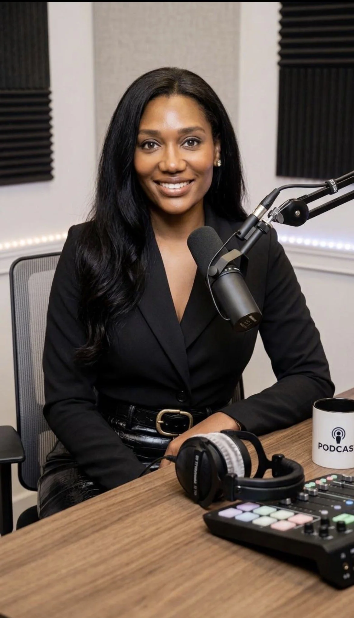A woman with long black hair, wearing a black blazer, sitting at a studio desk with professional audio equipment including a microphone, headphones, and a recording device labeled Podcast studio. She is smiling and looking at the camera.
