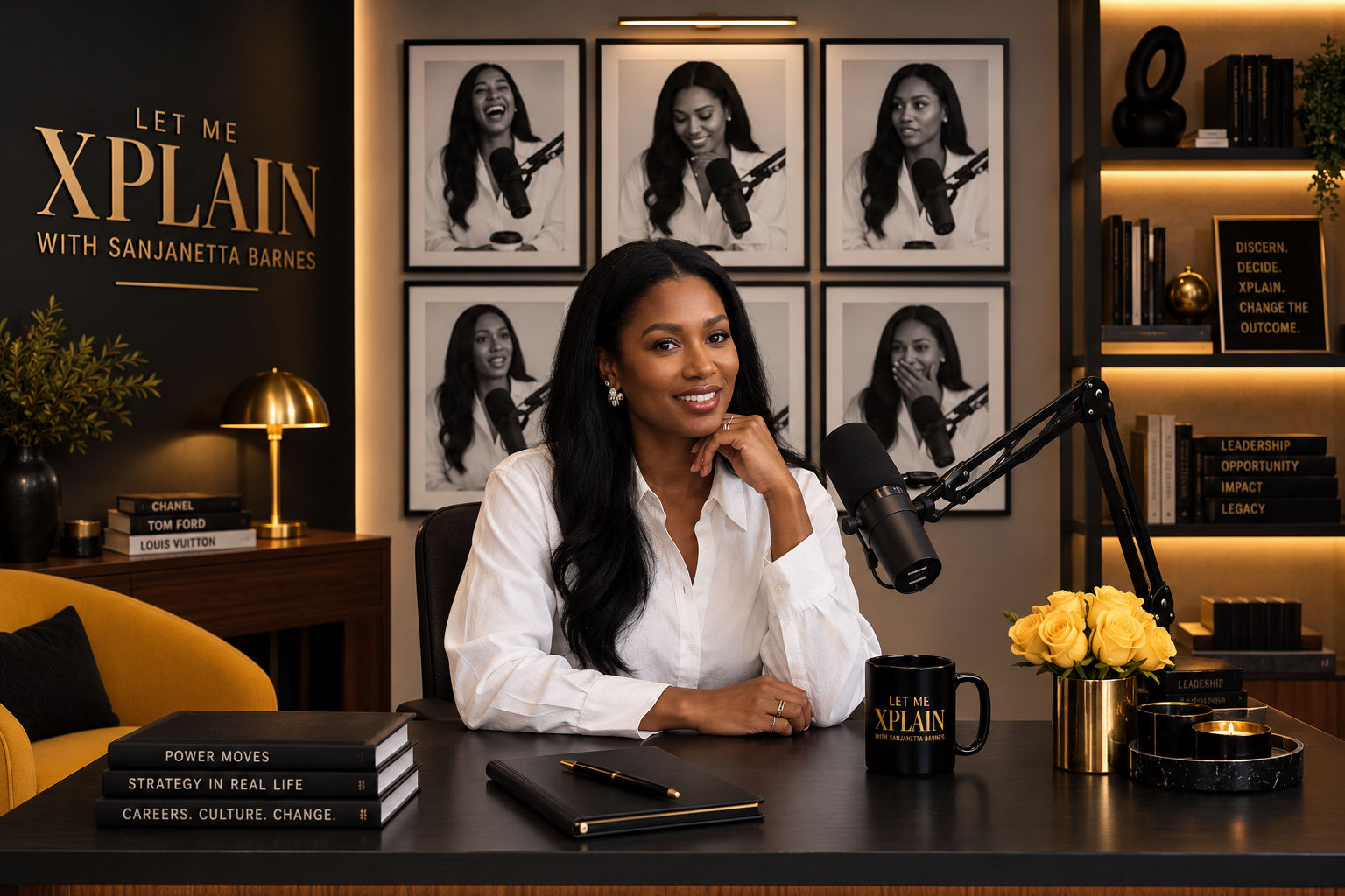Sanjanetta Barnes recording her podcast, Let Me Xplain with Sanjanetta Barnes in a studio