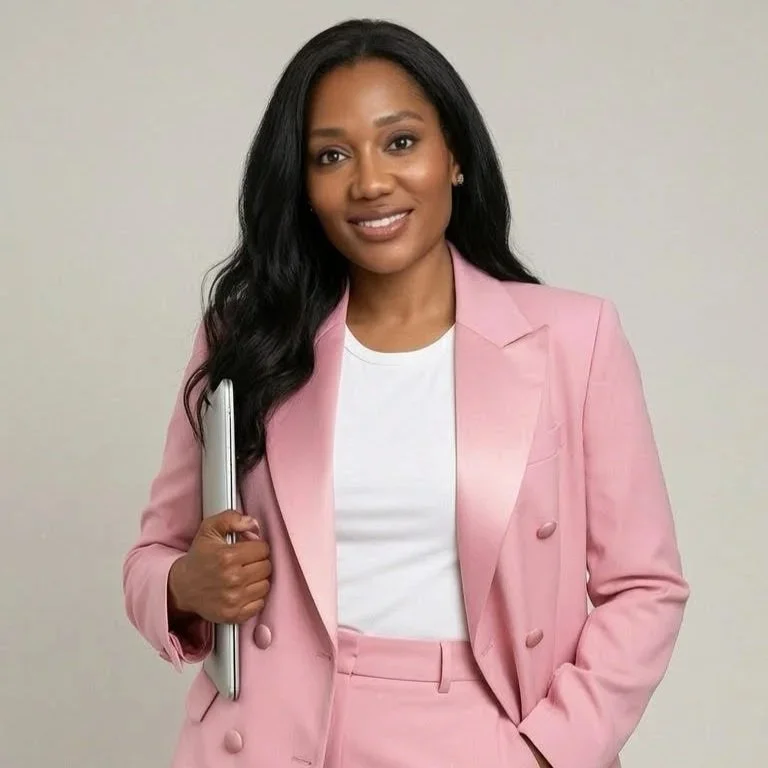 Sanjanetta Barnes in a pink suit and white top, holding a silver laptop, smiling, standing against a plain off-white background.