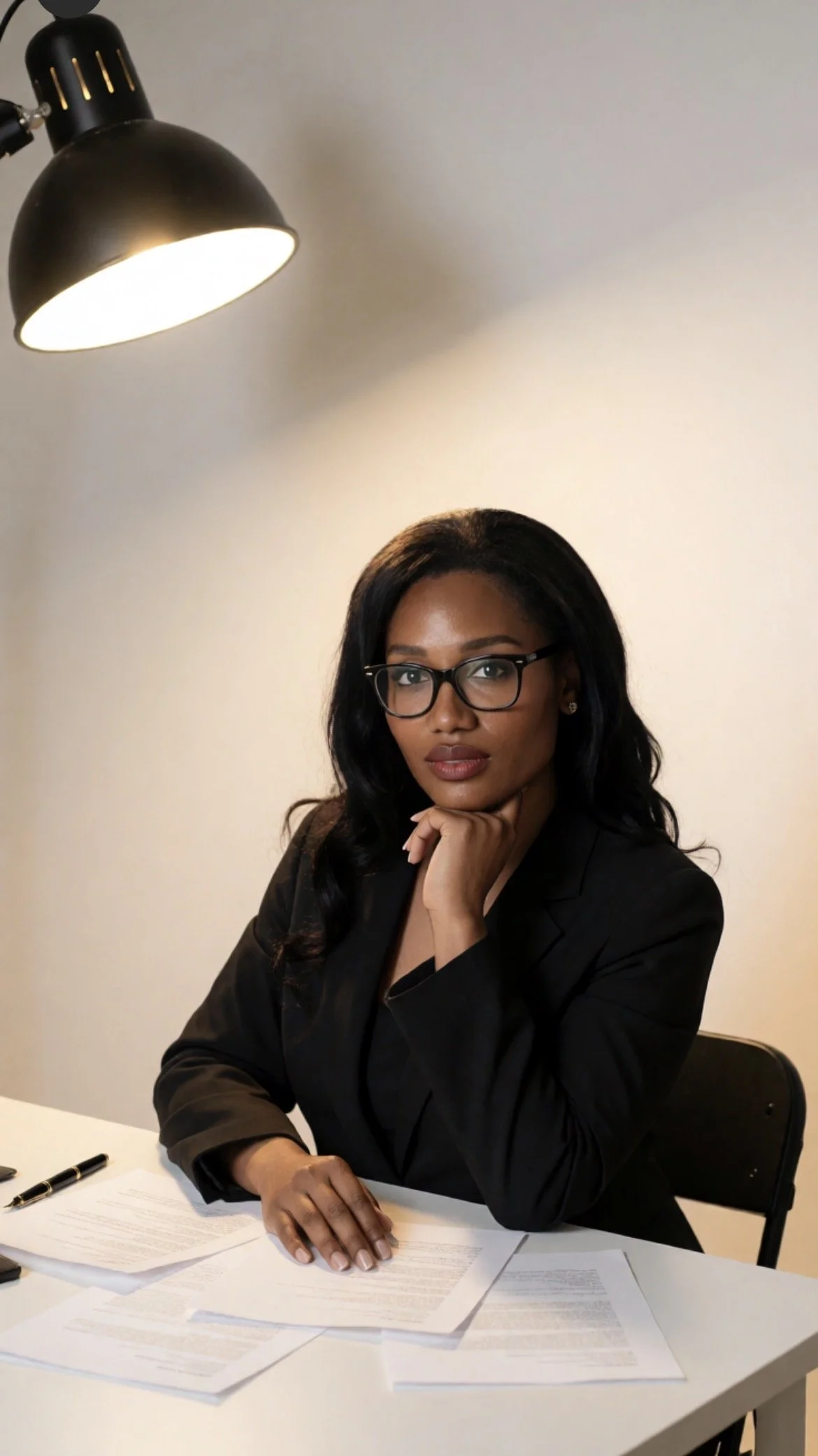 Sanjanetta Barnes wearing glasses sitting at a desk with scattered papers, wearing a black blazer, in front of a plain white wall, with a black desk lamp overhead.