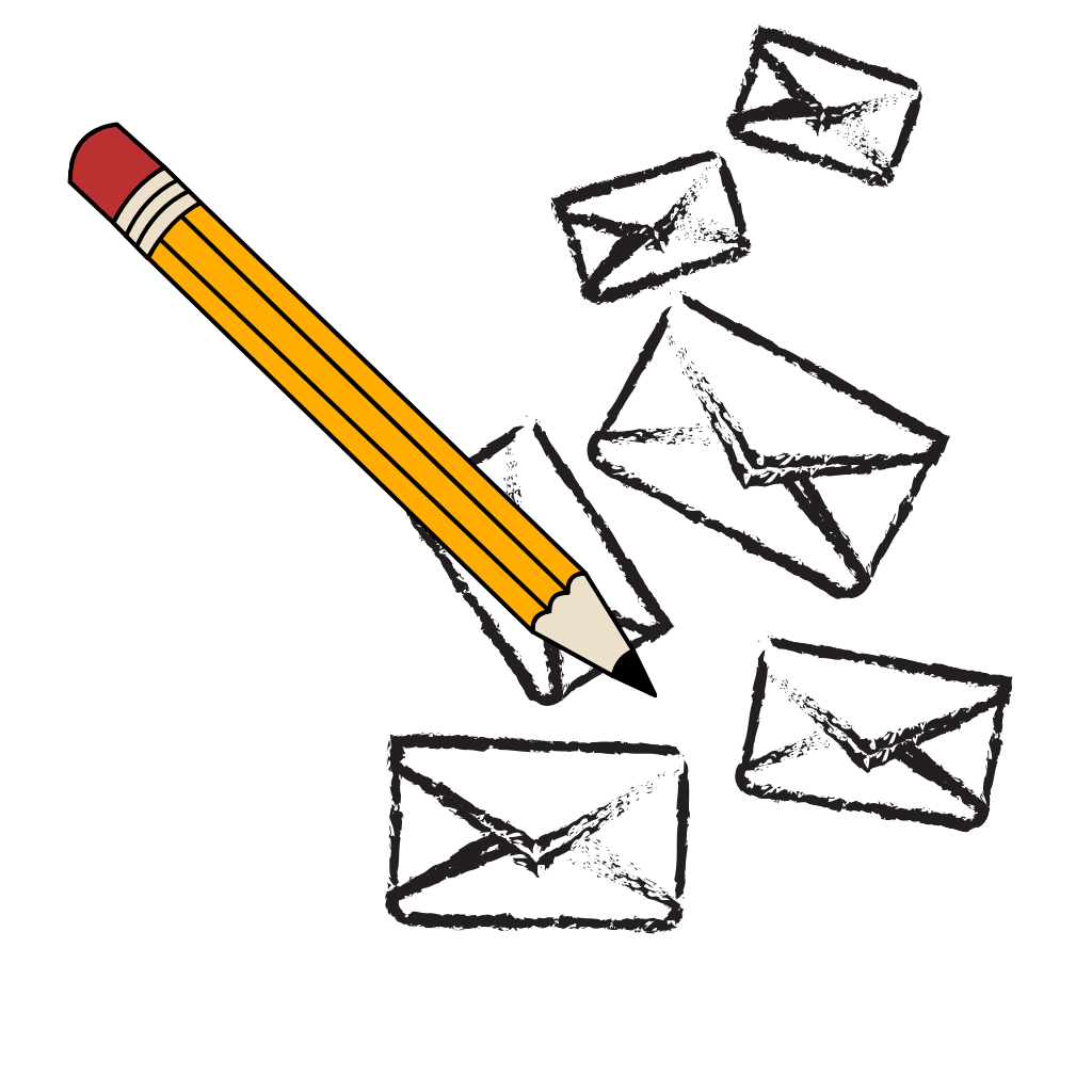 Illustration of a yellow pencil with an eraser, writing on a white envelope, surrounded by several other white envelopes, all on a black background.