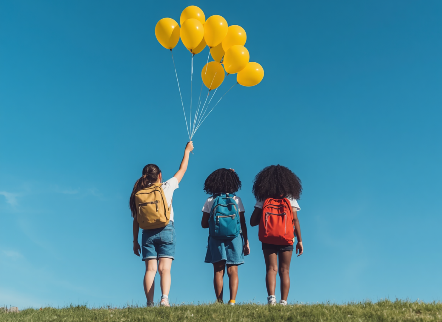 Three children with backpacks standing on grass in a field, holding yellow balloons under a clear blue sky.