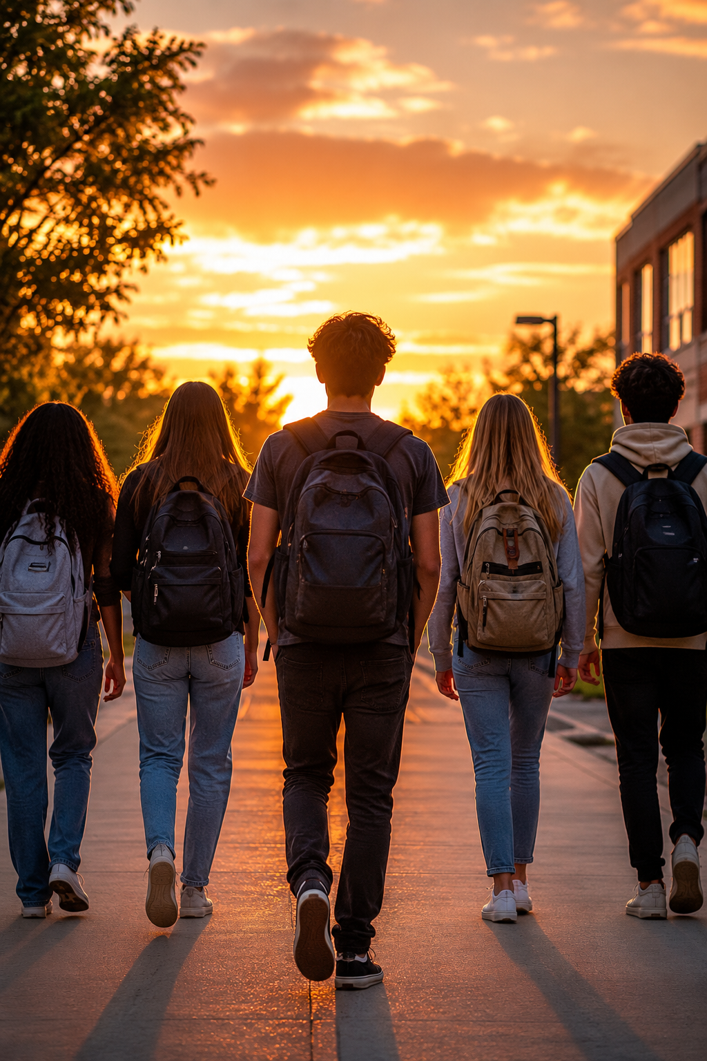 Group of six students walking on a campus sidewalk at sunset, carrying backpacks, with trees and buildings in the background.