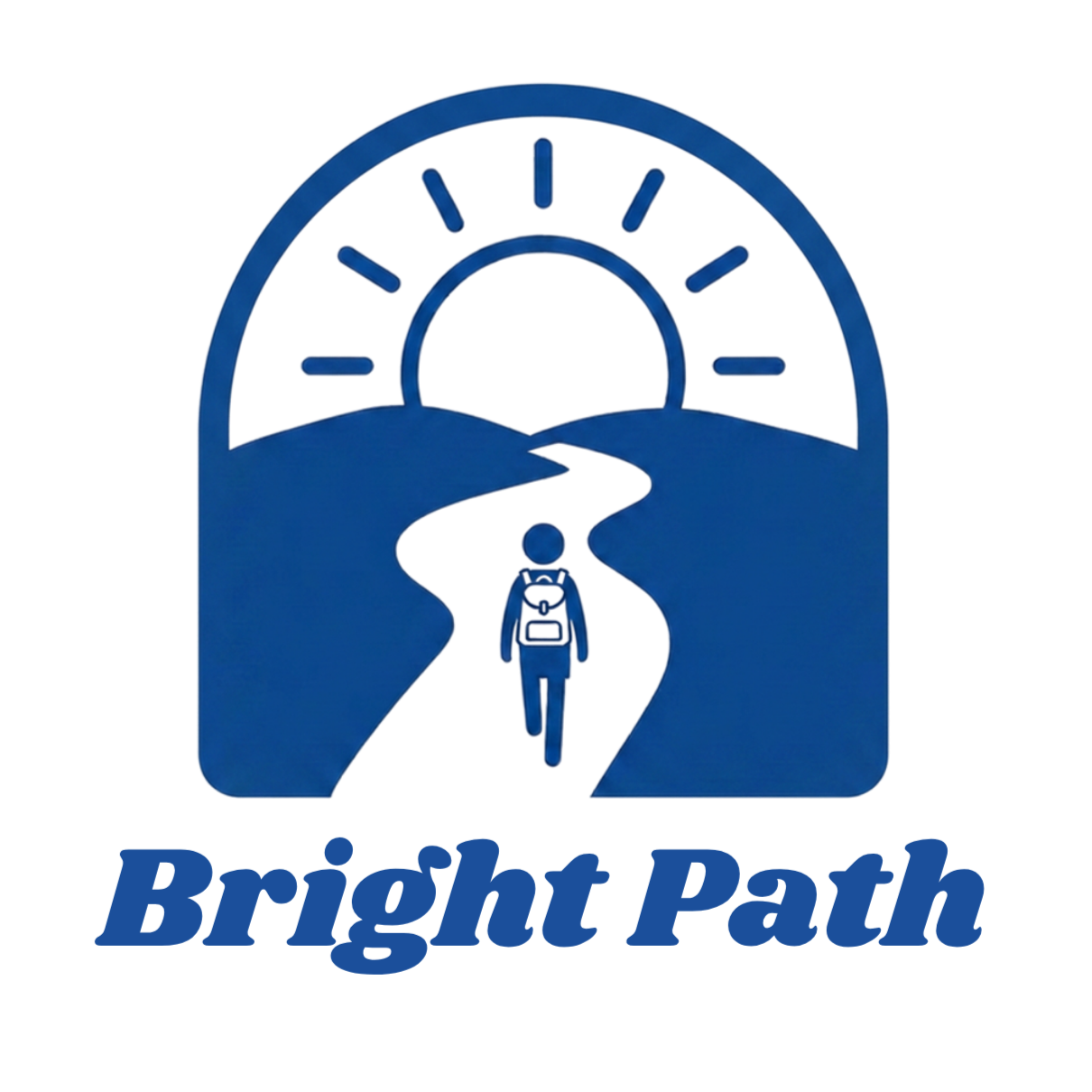 A blue logo featuring a person walking on a winding path toward a sunrise or sunset, with mountains and a semi-circle representing the sun in the background. The words "Bike Path" are written below in stylized font.