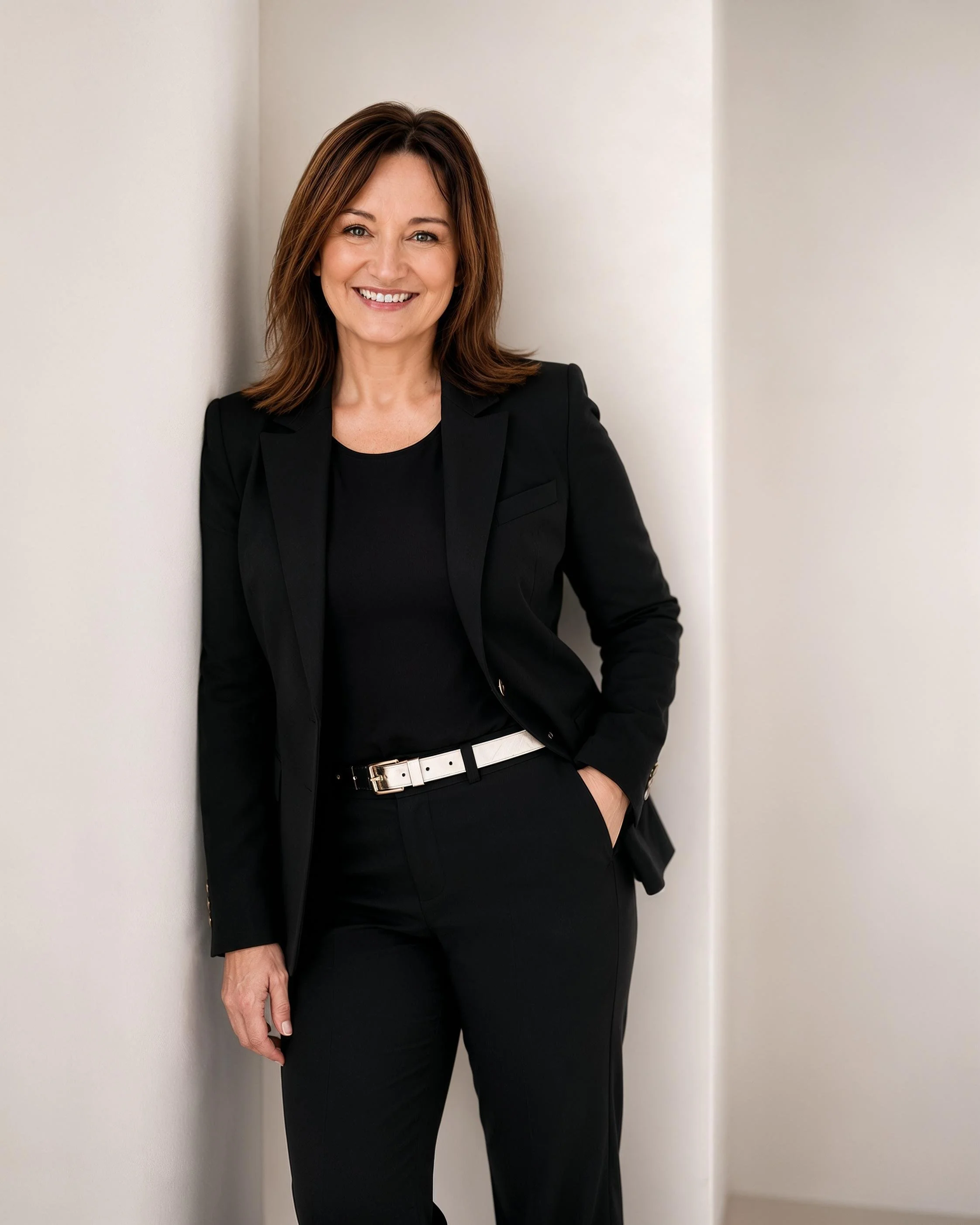 A woman standing in a corner, smiling, dressed in a black blazer, black top, and black pants with a white belt.