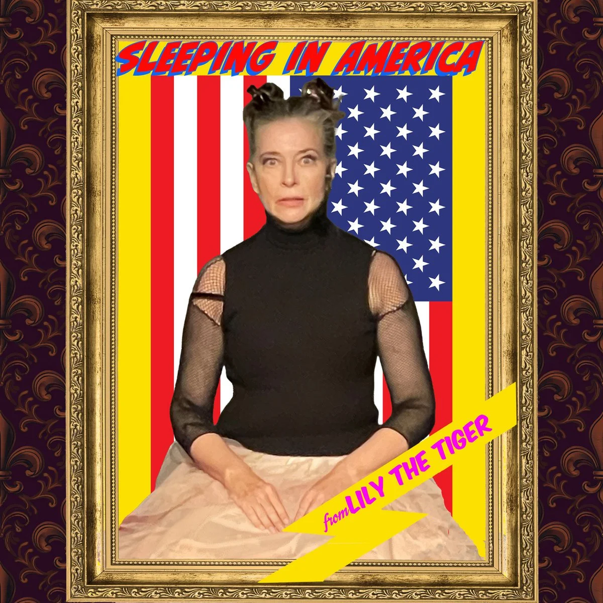 A woman with a surprised expression, wearing a black mesh top, is positioned in front of a background featuring the American flag. The frame around her has a gold ornate border, and the text 'SLEEPING IN AMERICA' appears at the top in red and blue font. A yellow banner at the bottom right corner has the text 'from LILLY THE TIGER' in pink.