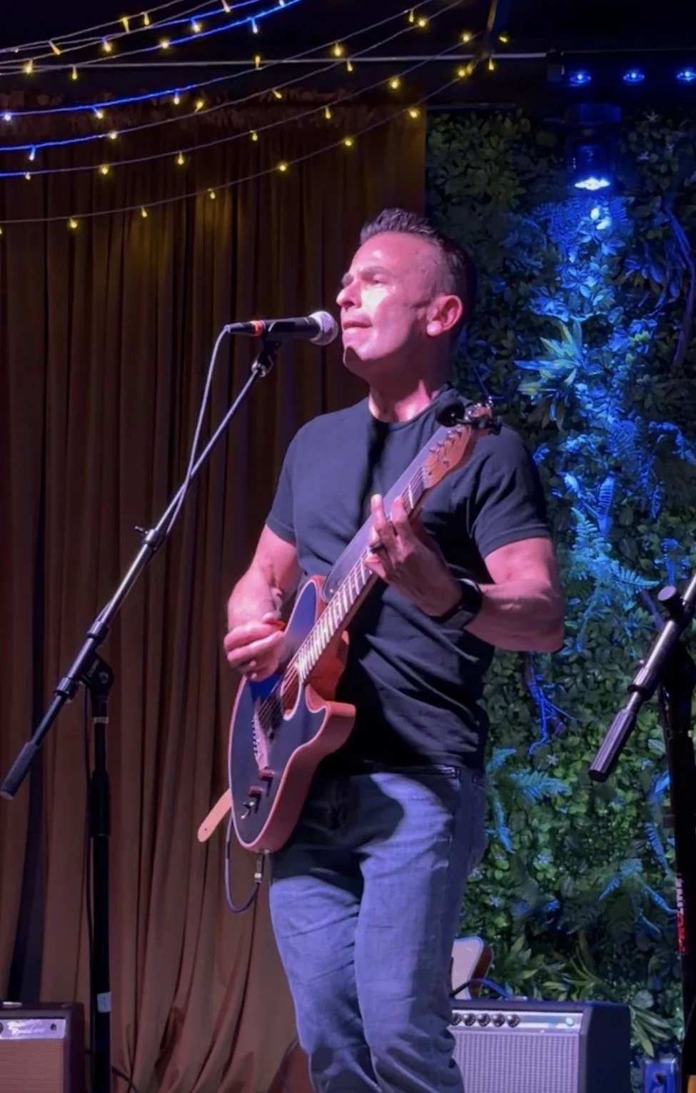 A man performing on stage with a guitar, singing into a microphone in front of a brown curtain and decorative string lights and plants.