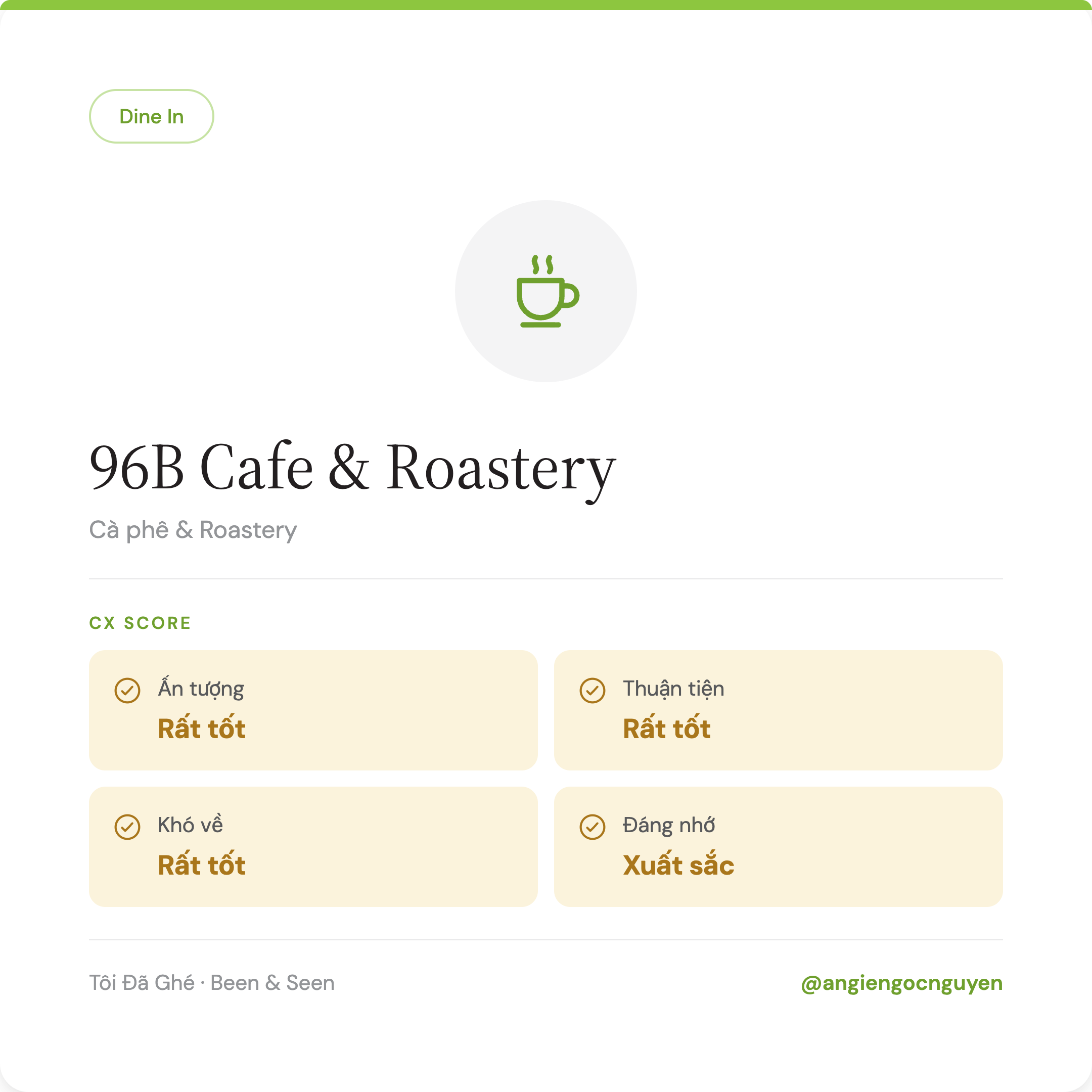 Nhìn ngoài thì nhỏ — vào trong là cả một thế giới khác 👀

96B Cafe & Roastery

Ấn tượng ✅ · Thuận tiện ✅ · Khó về ✅ · Đáng nhớ ✅✅

Tên quán chỉ là số nhà. Trước khi pha cà phê, 
nhân viên đưa hạt vừa xay cho mình ngửi.

Hai chi tiết nhỏ — nói lên cả