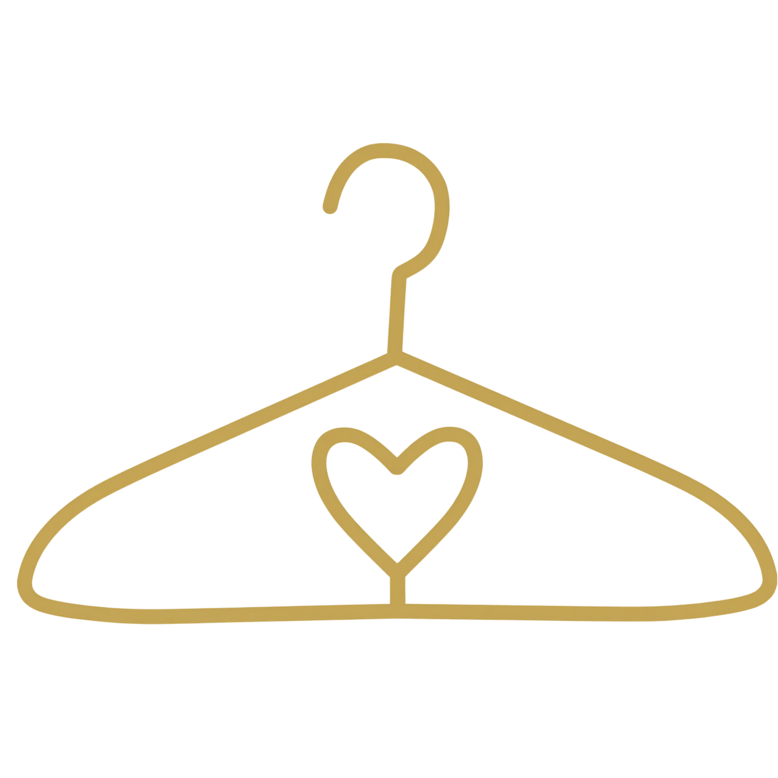 A gold and black clothing hanger with a curved hook and a flat bar at the bottom, seen against a black background.