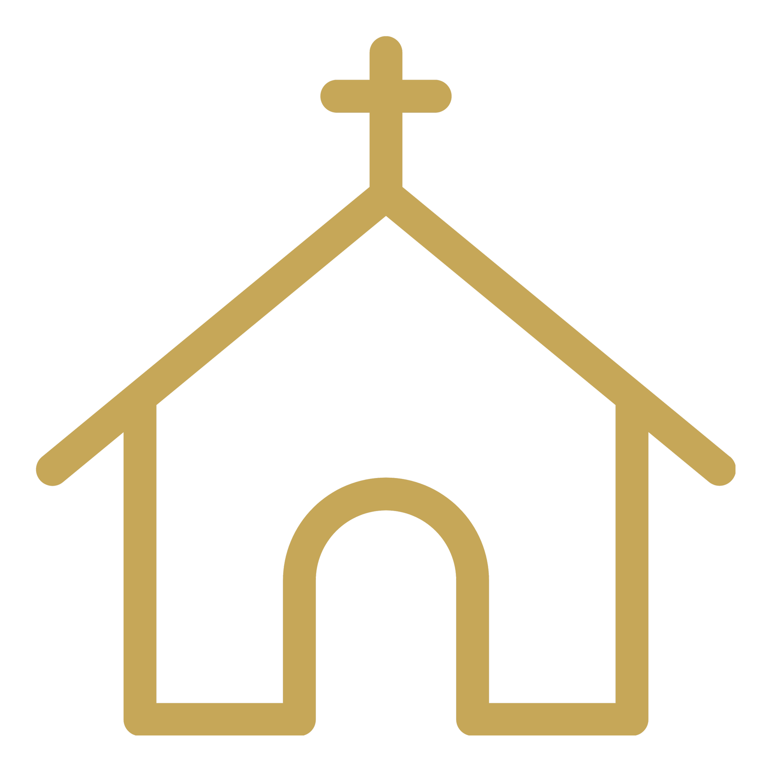 Gold outline of a house with a cross on top, on a black background.