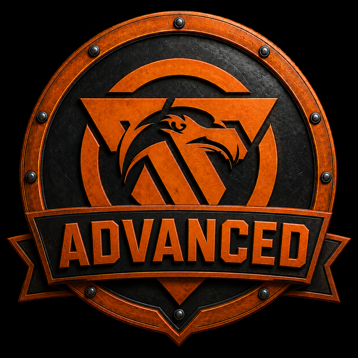 A logo with a black circular background, an orange dragon head in the center, and the word 'ADVANCED' in bold orange letters on a banner at the bottom.