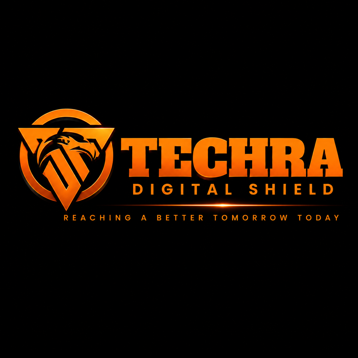 A digital graphic with a black background features an orange logo of a lion's head inside a shield with 'TECHRA DIGITAL SHIELD' written in bold orange letters. Below, the tagline 'Reaching a Better Tomorrow Today' is displayed in smaller orange text.