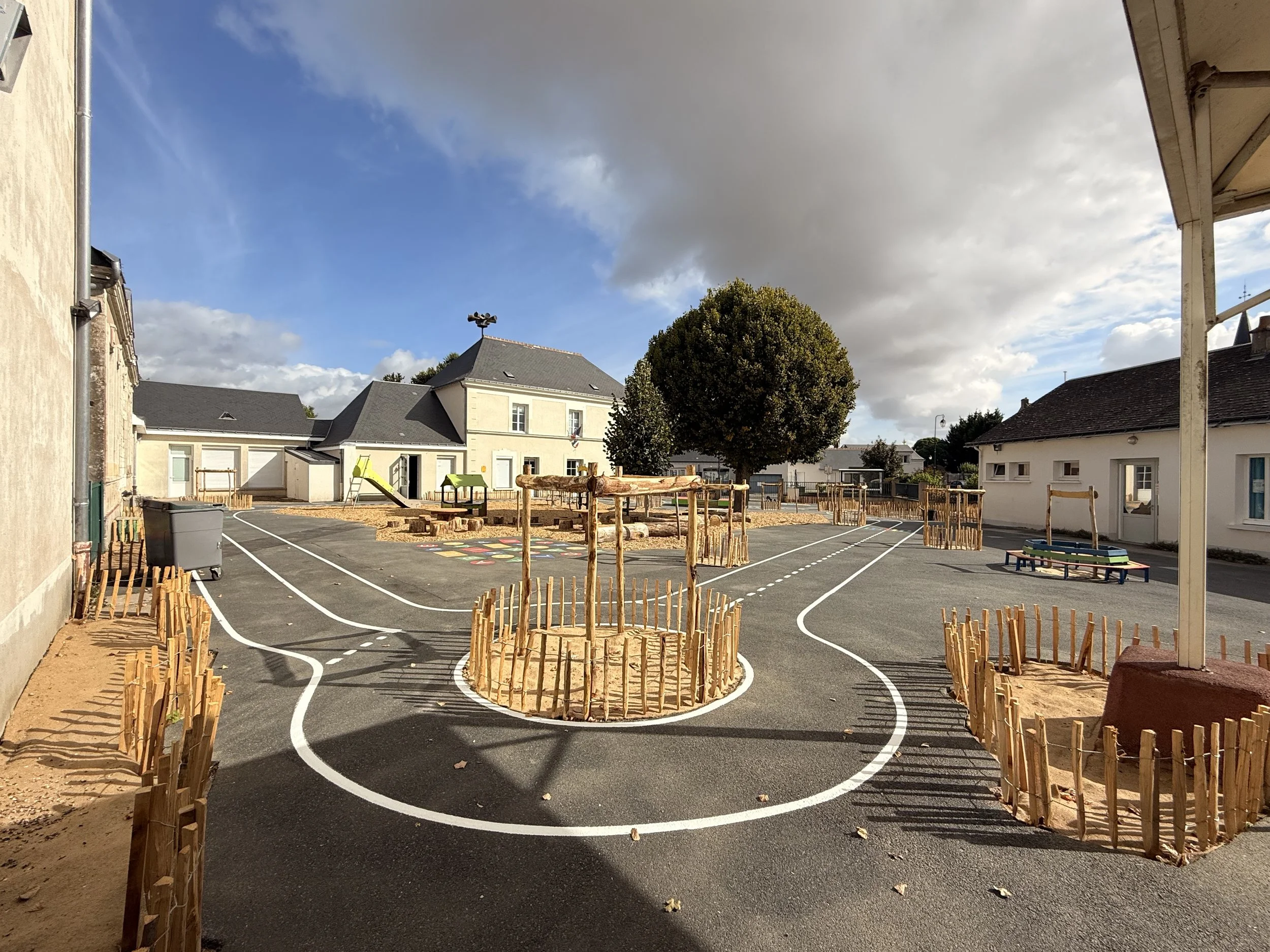 Une cour d'école ou un espace de jeu pour enfants en construction, avec des structures de jeux, une piste de course dessinée avec de la peinture, entouré de petits clôtures en bois, sous un ciel partiellement nuageux.