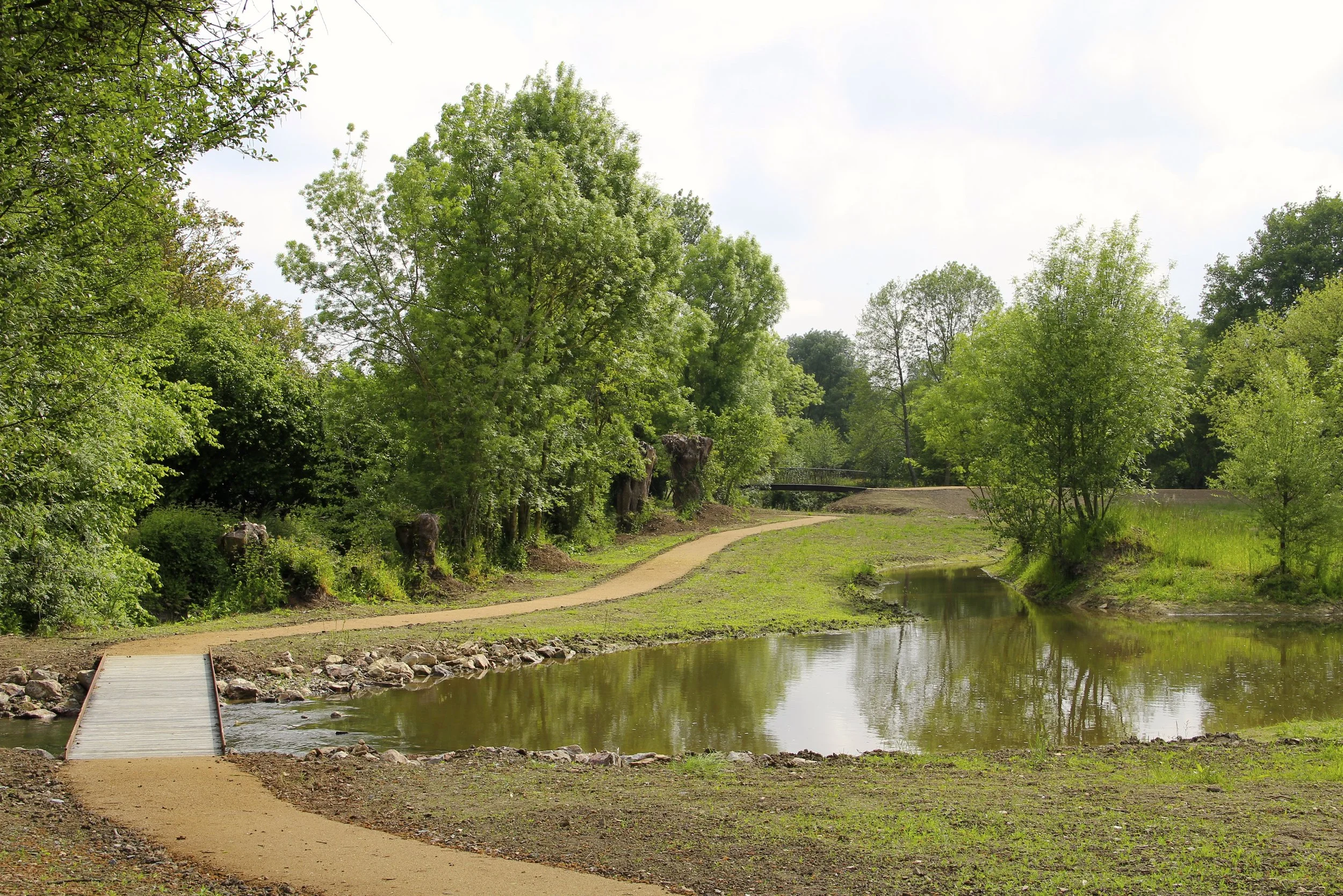 Un sentier de marche le long d'une rivière bordée d'arbres verts, avec un petit pont en arrière-plan.