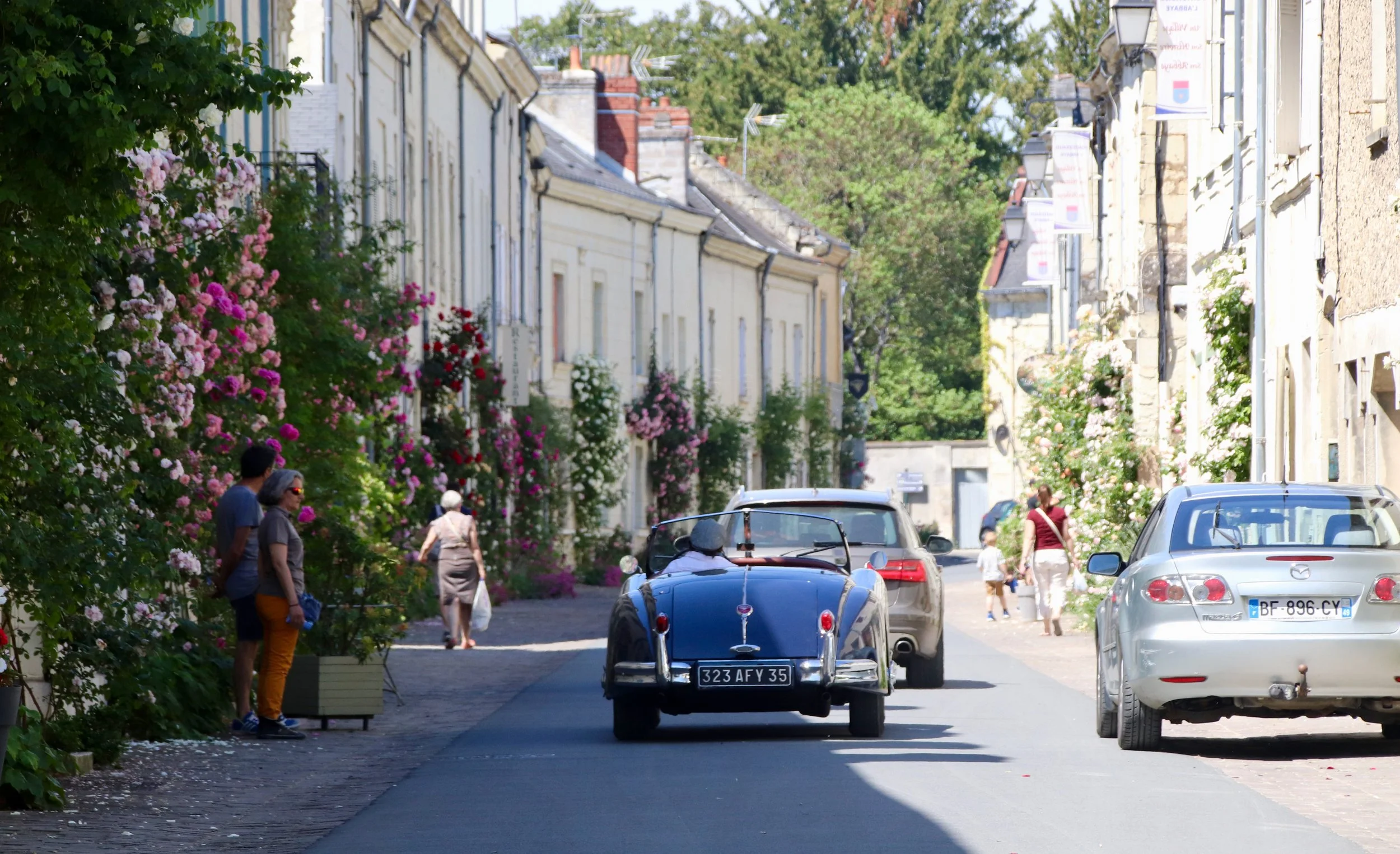 Rue pavée bordée de bâtiments anciens, avec des fleurs roses et blanches dans des jardinières, et des voitures garées ou passant. Quelques personnes se promènent le long de la rue, sous un ciel clair.