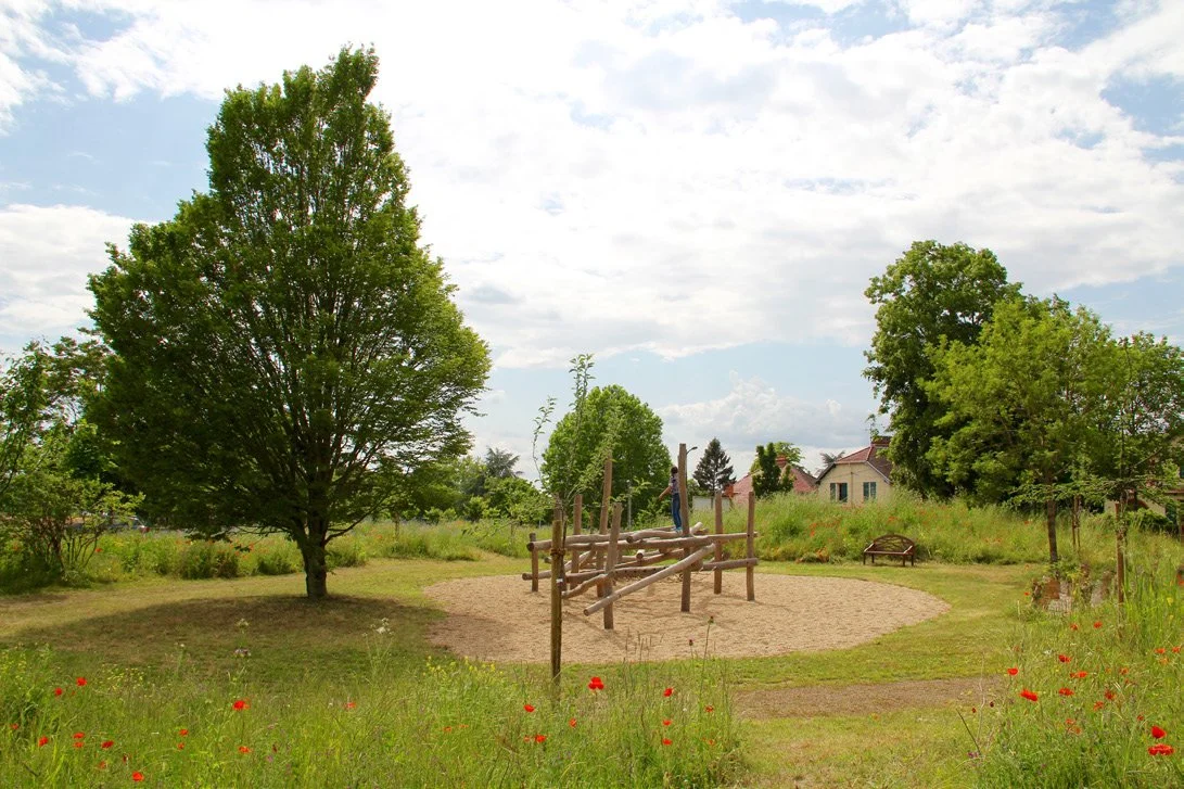 Un terrain de jeux avec un sol en sable, entouré d'herbe et de grands arbres, sous un ciel partiellement nuageux.