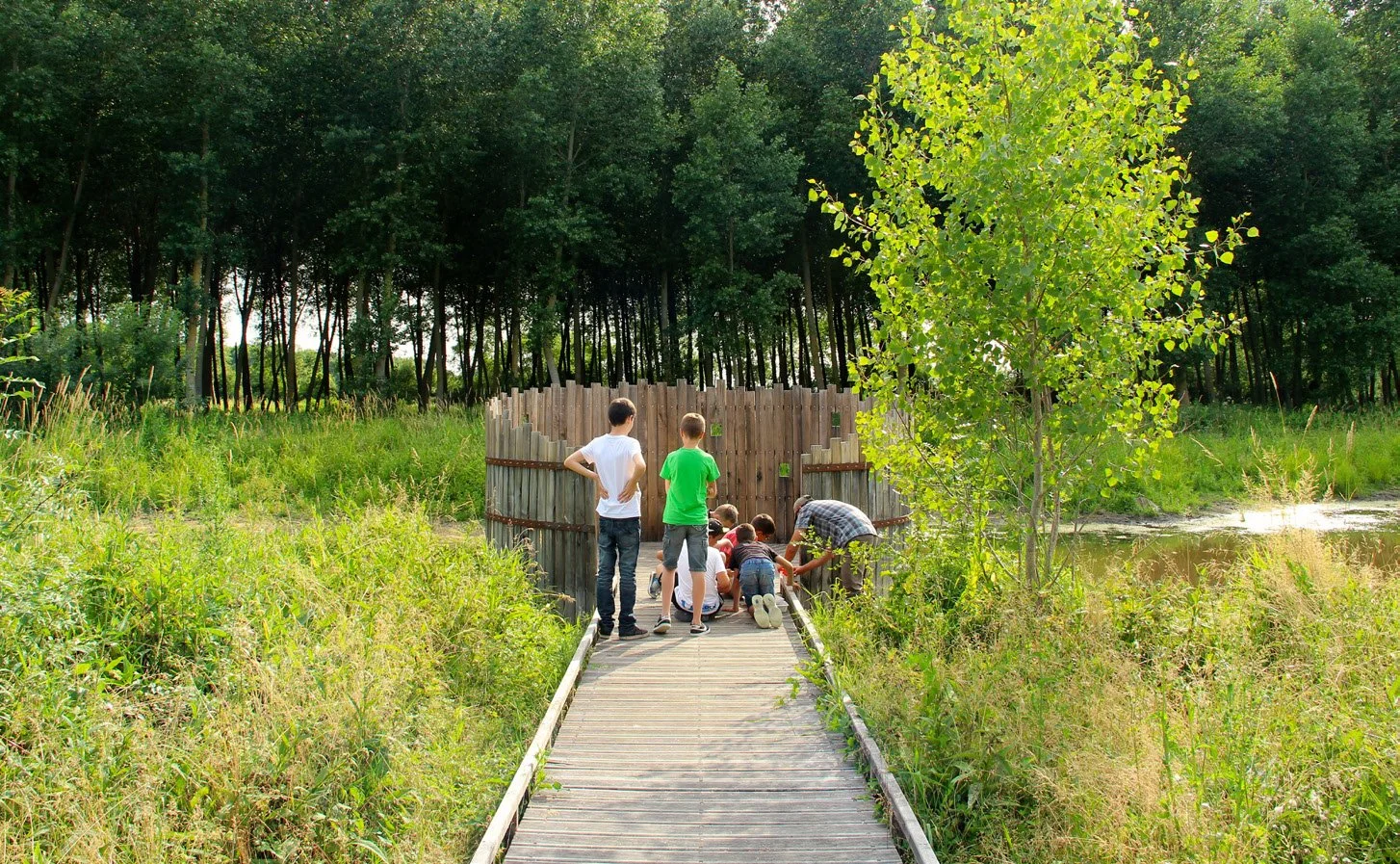 Groupe d'enfants et d'adultes près d'une clôture en bois dans un environnement naturel, avec un pont en bois, un arbre et un étang dans un paysage verdoyant, en forêt.