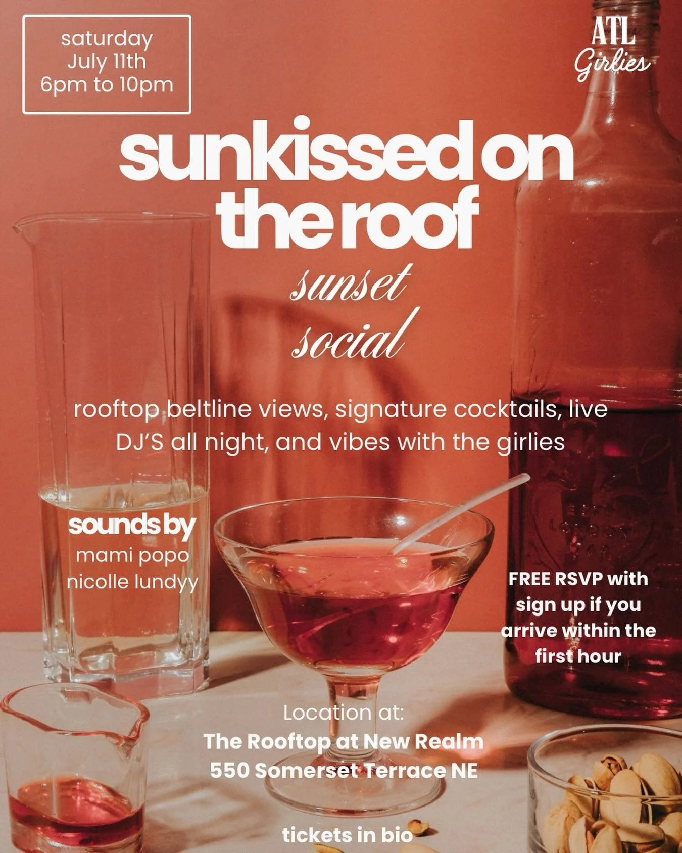 ATL girlies on the beltline ☀️🍸

Sunset rooftop views, cocktails, live DJ&rsquo;s, and cute fits all night ✨
July 11 | 6&ndash;10PM
New Realm Rooftop 💋

LIMITED FREE RSVPS. Link in bio 💌
21+ WOMEN ONLY