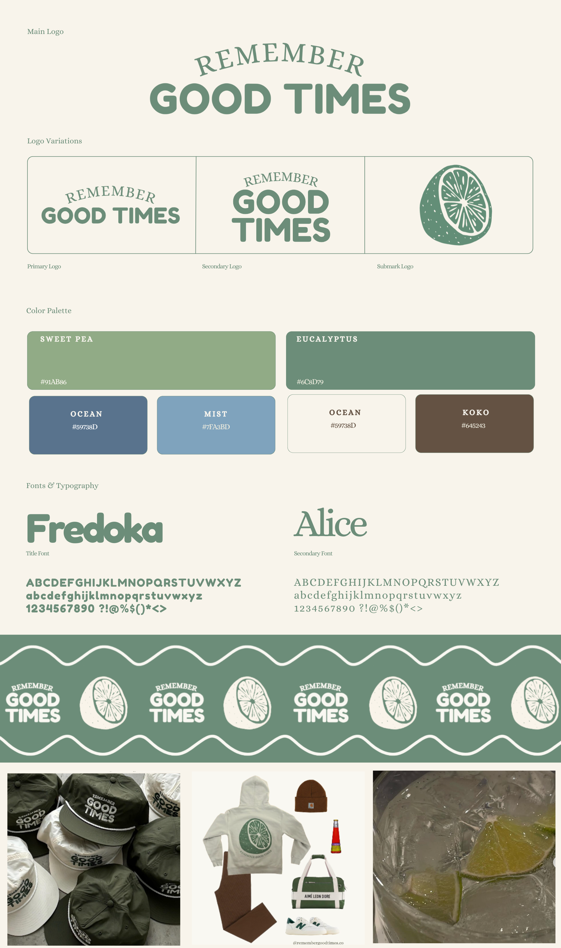 A website design preview featuring a logo concept for "Remember Good Times," with variations including text and a lemon illustration, a color palette with shades of green, blue, brown, and gray, typography samples with the fonts Fredoka and Alice, an