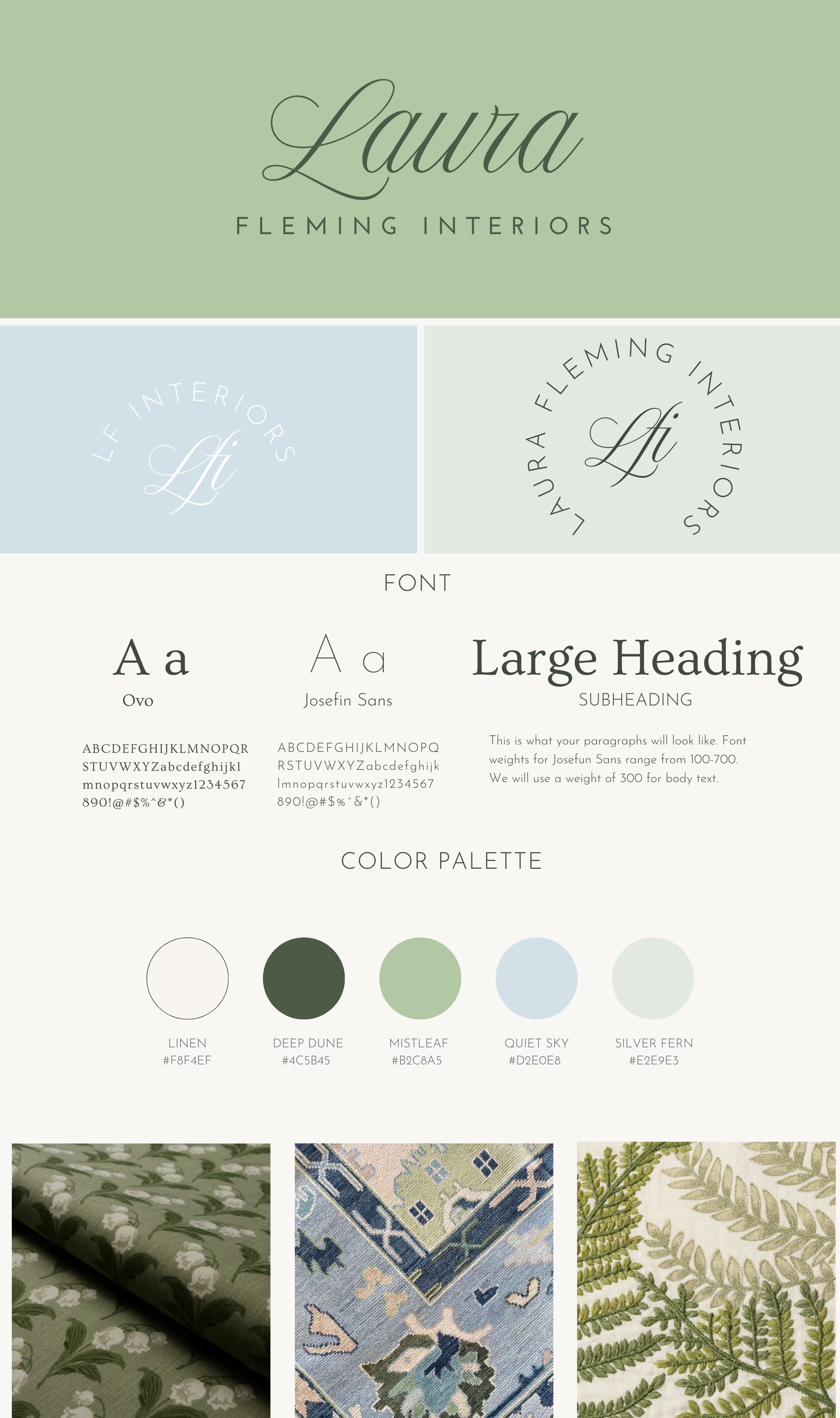 Design board for Laura Fleming Interiors featuring logo variations, font samples, a color palette with beige, dark green, light green, light blue, and pale green, and fabric patterns with floral and fern motifs.