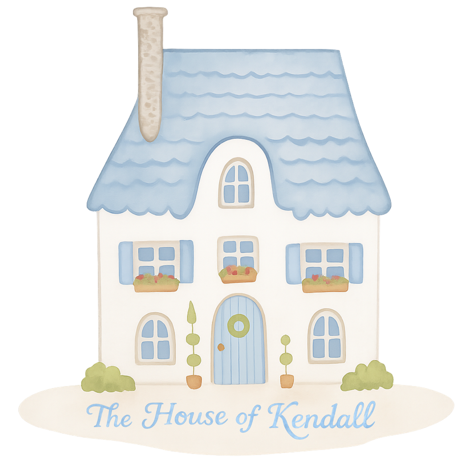 Decorative card featuring a whimsical illustration of a white house with blue roof, windows with flower boxes, and a blue arched door, surrounded by small green bushes and potted topiary plants, with text "The House of Kendall 100" at the bottom.