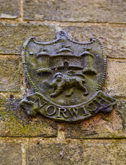 A metal plaque of a lion on a brick wall with the word "Norwich".