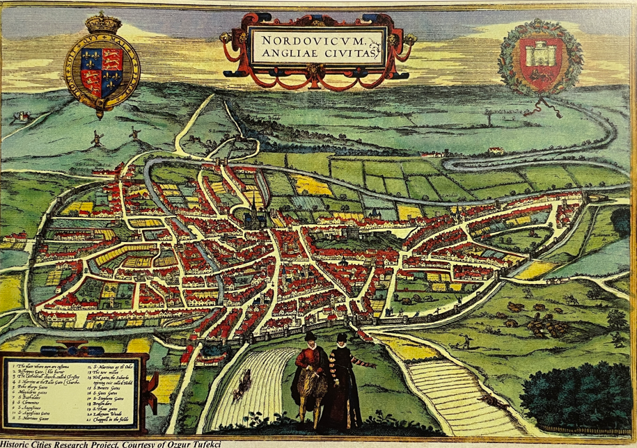 An illustrated map of Nordovicum, an ancient city, showing streets, buildings, and surrounding countryside, with coats of arms at the top corners and a legend at the bottom left. Two figures on horseback are in the foreground.