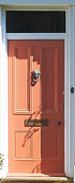 Close-up of a red front door with a door knocker and a mail slot