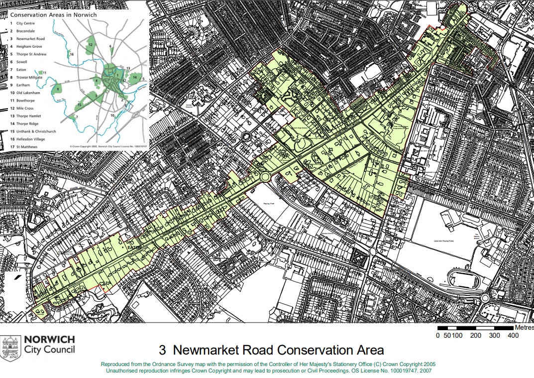 Map showing the conservation area along Newmarket Road in Norwich, with highlighted zones in light green and a detailed inset map of Norwich city center.