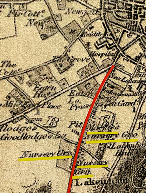 From Bryant’s map of 1826, showing Eaton Lodge as well as the three Mackie nursey sites on Ipswich Road to the south and east of the current Town Close Road area.  These covered 100 acres and was one of the largest provincial nurseries in the country