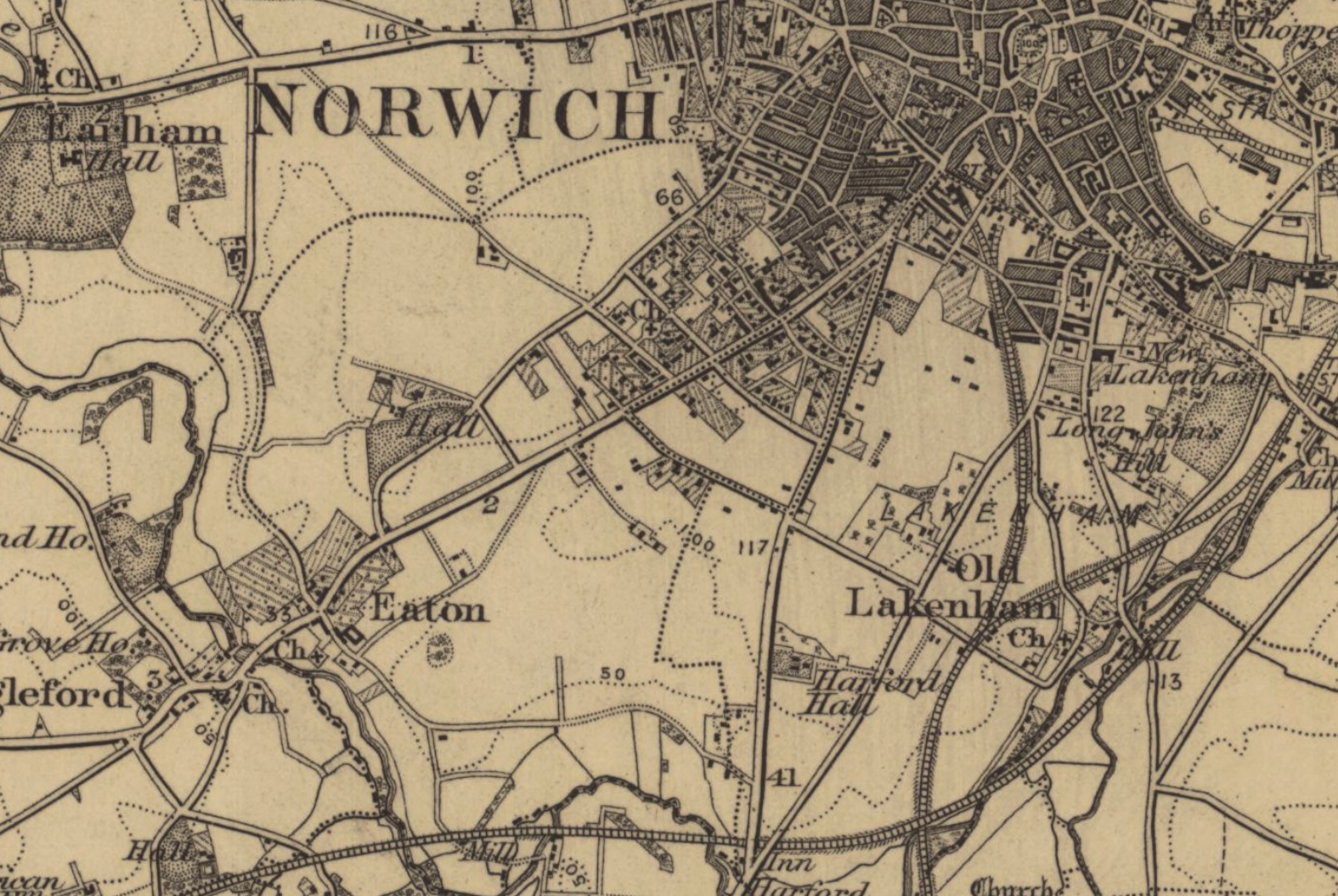 Detail from OS map of Norwich Sheet 161, surveyed 1880-83. This shows that the Town Close Road area was at that time on the very edge of the city’s development, with agricultural land to the east and south. This remained the case right up to the end 