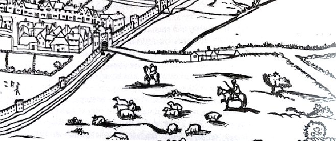 From map of William Cuningham 1558. The Town Close area was agricultural land outside the city walls until the 1830s. The northernmost tip of the Town Close triangle can be seen on the right.