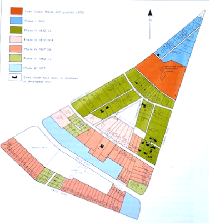The area shown in dark green, which covers Town Close Road and adjoining lanes, was planned as Phase II of the Estate’s development 1852-72.
