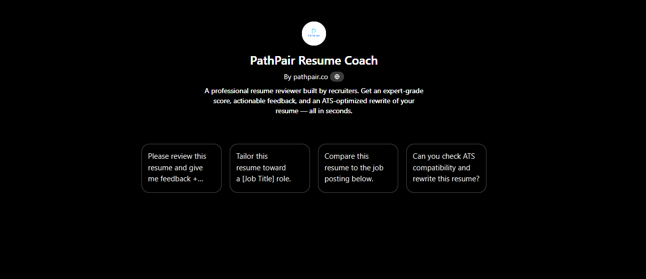 Screenshot of PathPair Resume Coach website, offering tools for resume review, tailoring, comparison, and ATS check. The background is predominantly black with white text and buttons.