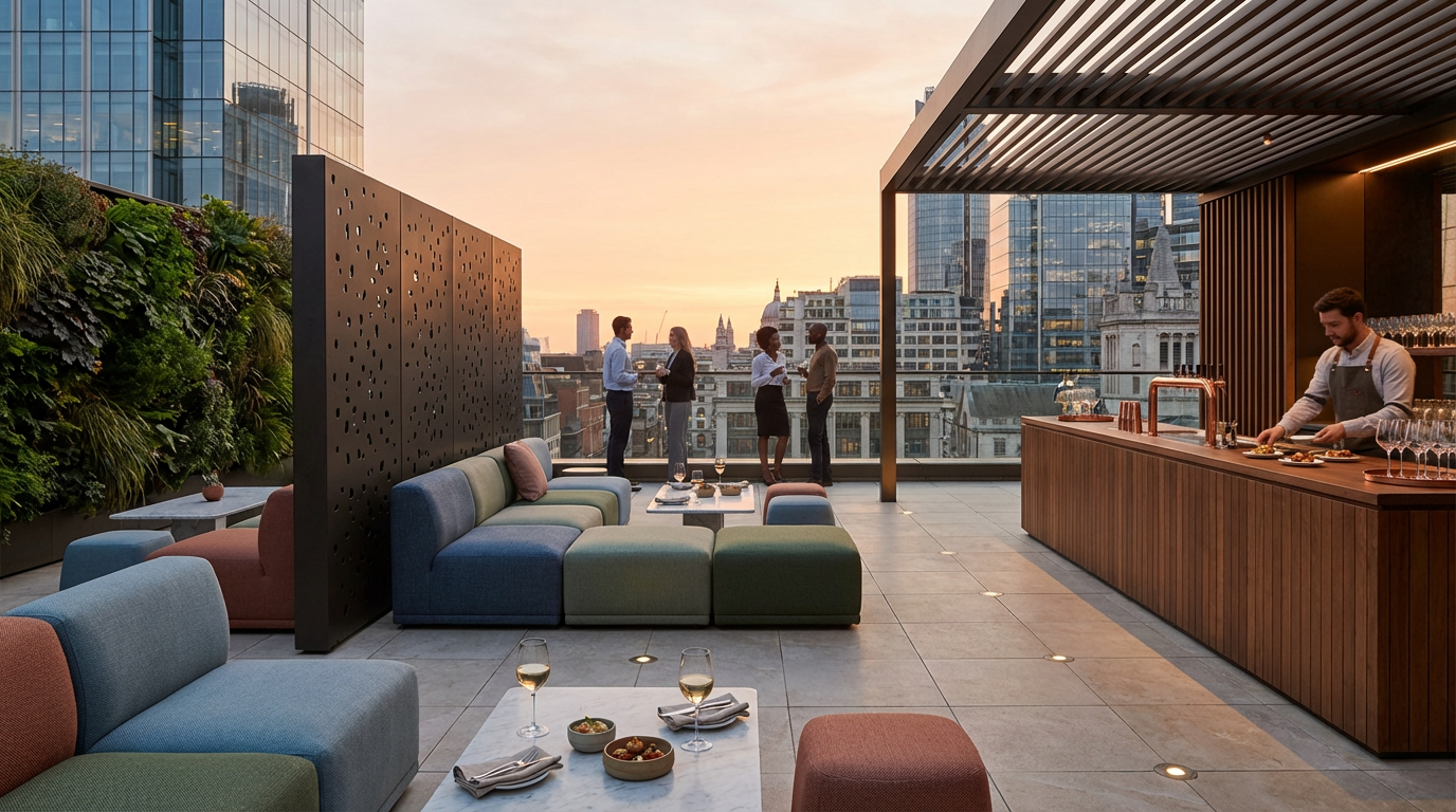 People socializing on a rooftop terrace at sunset, with city skyscrapers in the background. A bartender is preparing drinks at a wooden bar, and tables with wine glasses and snacks are set up.