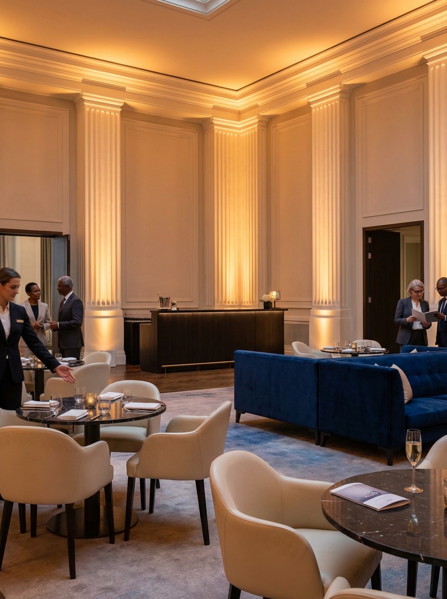 Elegant dining area in a upscale restaurant or hotel lounge with beige walls, tall columns with lighting accents, cream-colored chairs around dark round tables, a blue velvet sofa, and staff members attending to guests.