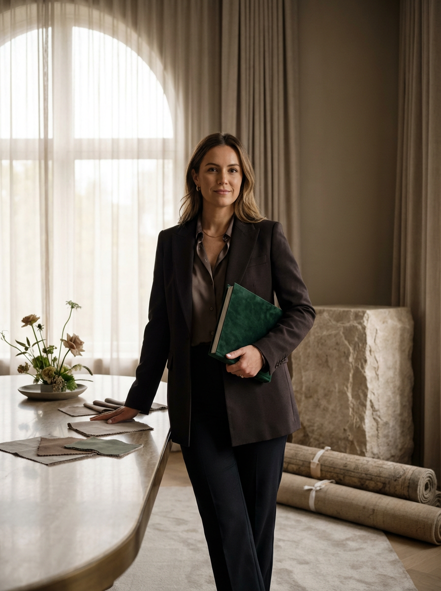 A professional woman in a dark blazer and pants holding a green folder, standing beside a table with fabric samples, in a well-lit room with large windows and rolled-up carpets in the background.