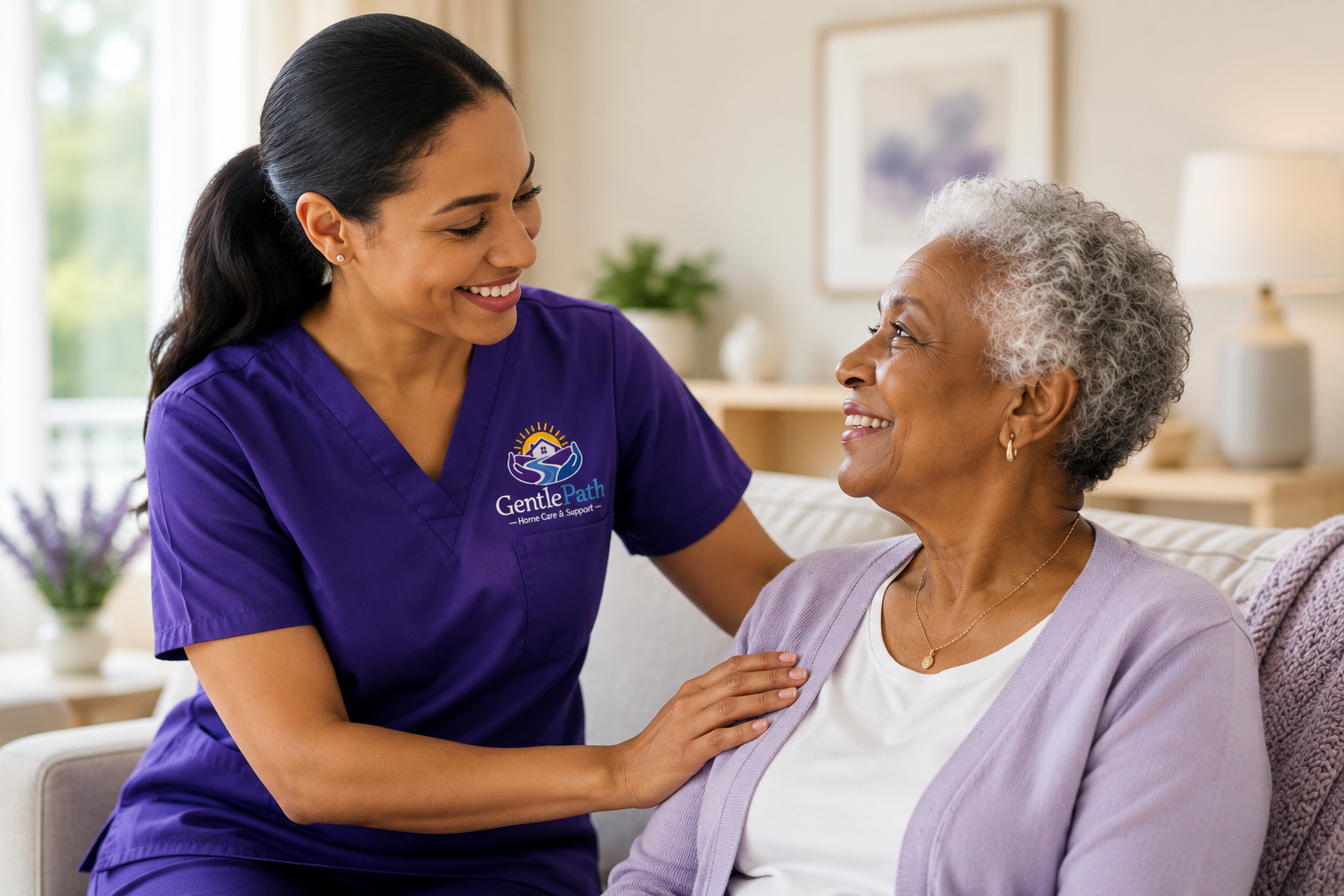 A healthcare worker and an elderly woman smiling at each other, sitting on a sofa in a home setting.