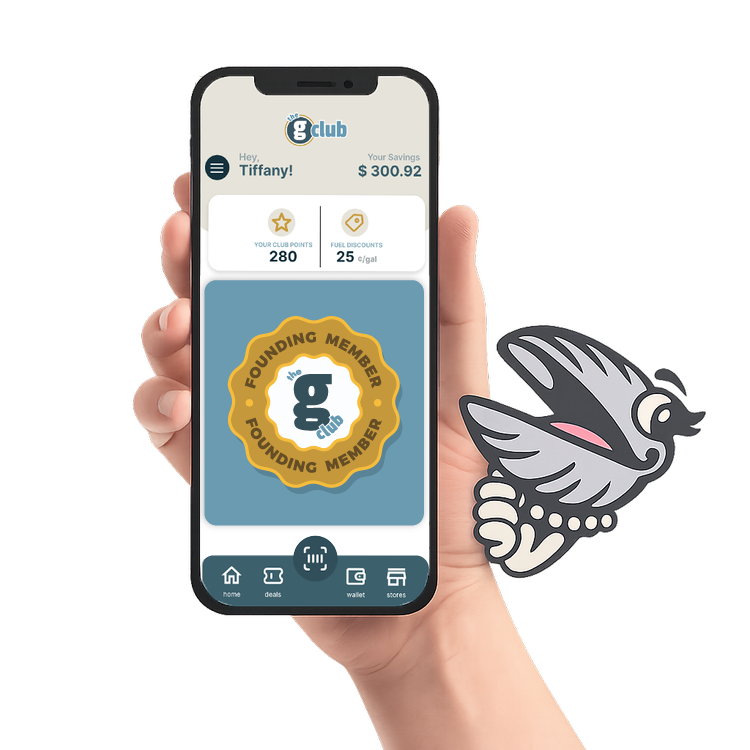 A hand holding a smartphone displaying a loyalty app with a gold badge that says "the g club" and "founding member." The screen shows the user's name, savings, club points, and fuel discounts, with a navigation menu at the bottom.