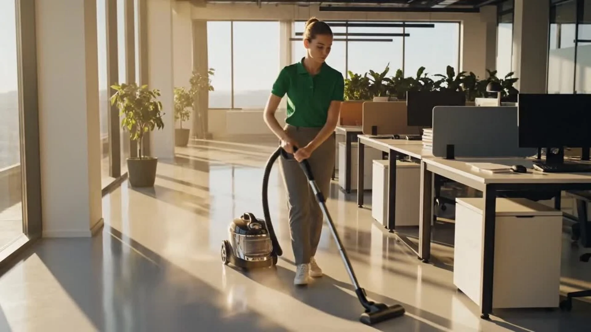 A woman in a green polo shirt and gray pants vacuuming the office floor with sunlight streaming through large windows.