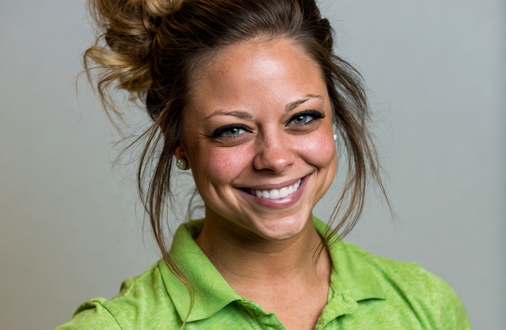 Close-up of a woman with a bright smile, wearing a green polo shirt and pearl earrings, with messy hair and a neutral background.
