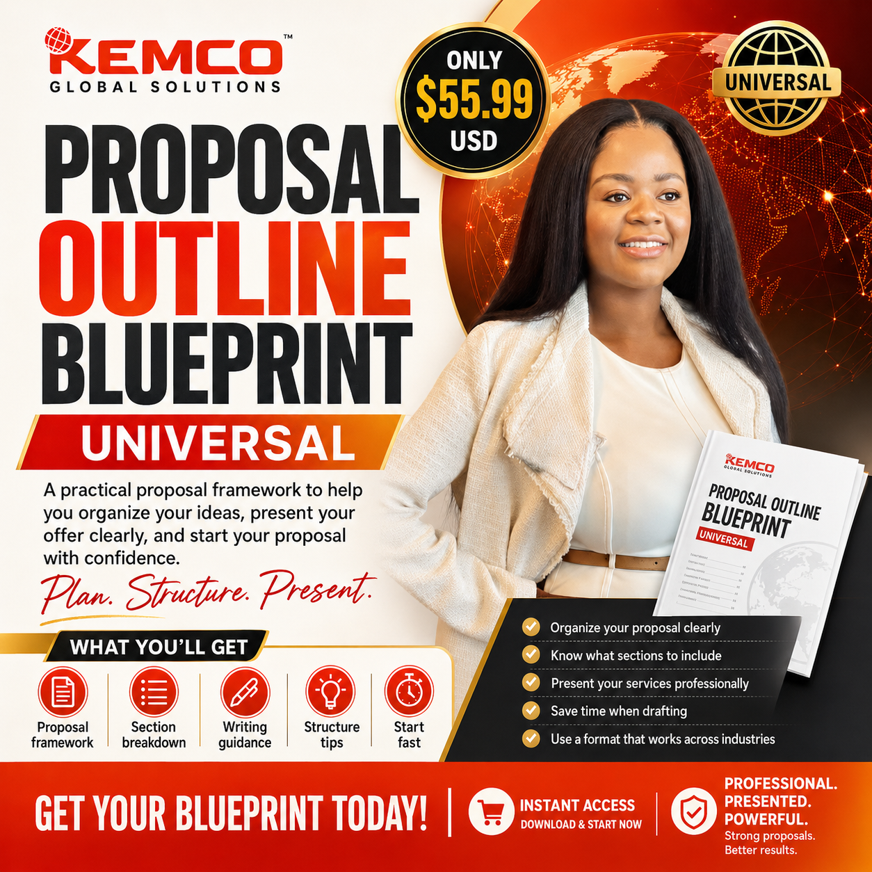 Cover of a proposal outline blueprint with a woman smiling, holding a booklet, and a globe background. Text highlights include price, features, and benefits.