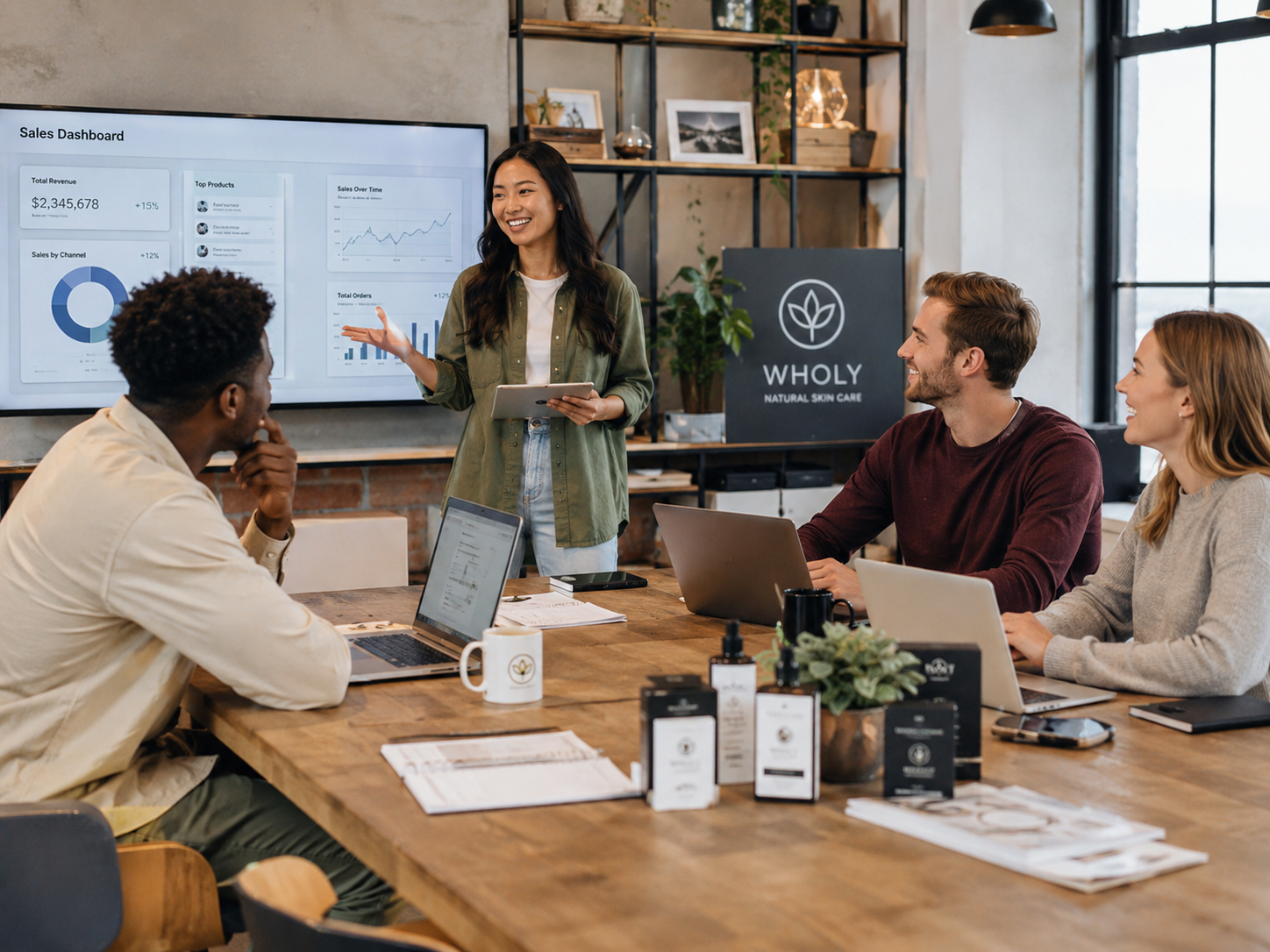 A woman presenting sales data on a screen to a group of three people seated at a wooden conference table in a modern office, with laptops and documents, and a sign for 'WHOLY Natural Skin Care' in the background.