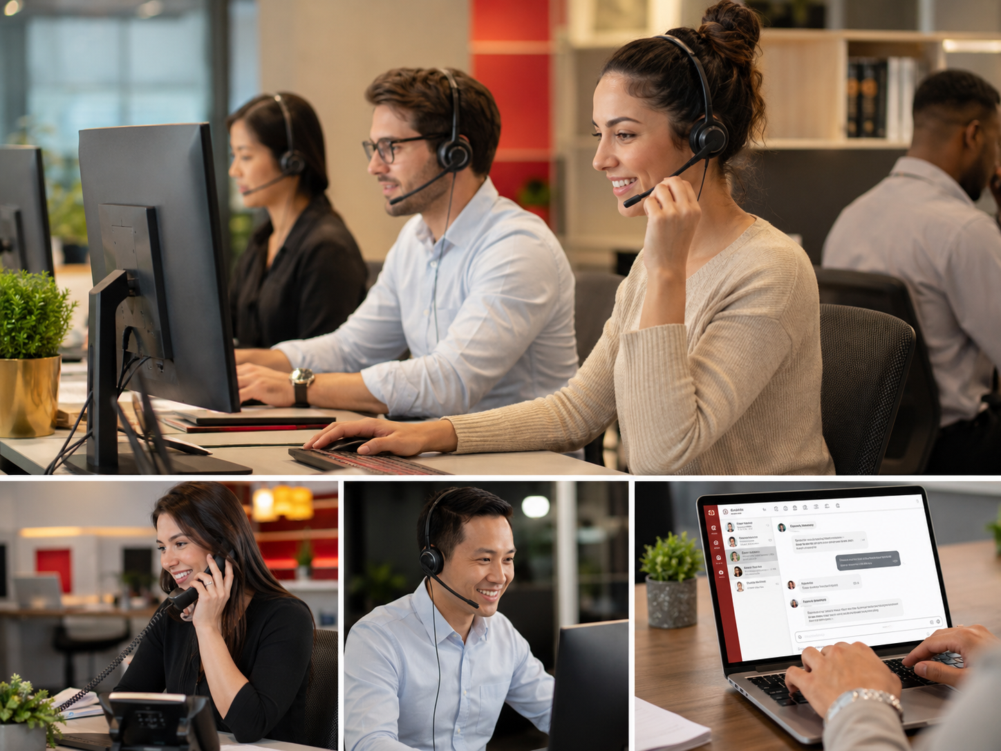 Group of customer service representatives working in an office, wearing headsets, with computer monitors and laptops, engaging in calls and chat conversations.