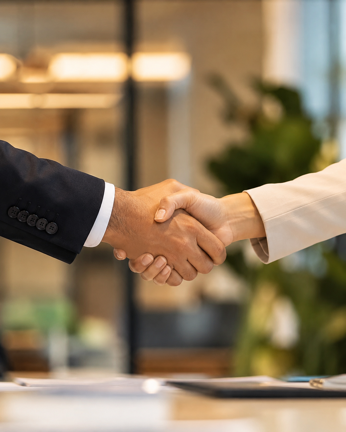 A handshake between two people, one in a dark suit and the other in a white blazer, in a professional setting.